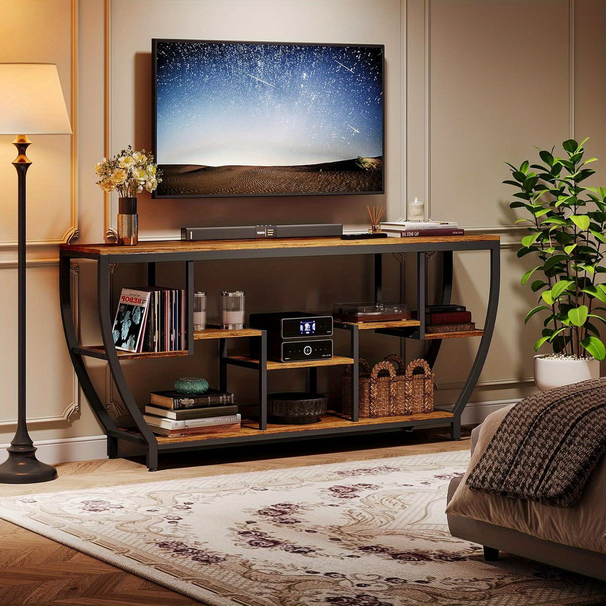 70.9" Extra Long TV Stand for up to 80" TVs, Heavy-Duty Entertainment Center with Storage Shelves, Rustic Brown Media Console - Sturdy MDF & Metal Construction, Living Room, Bedroom, Home Theater Furniture - Easy Assembly, Tv Console for Living Room, Bed