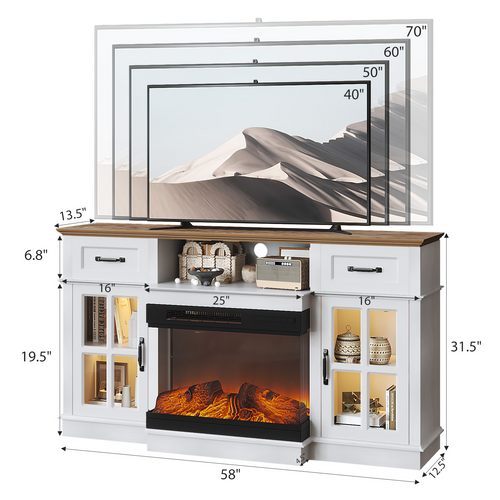 58 Inch Black Gold Oak Fireplace TV Stand with 25 Inch Insert, 2 Doors 2 Drawers & Glass Shelves, Media Console 147.4 x 45 x 80 cm