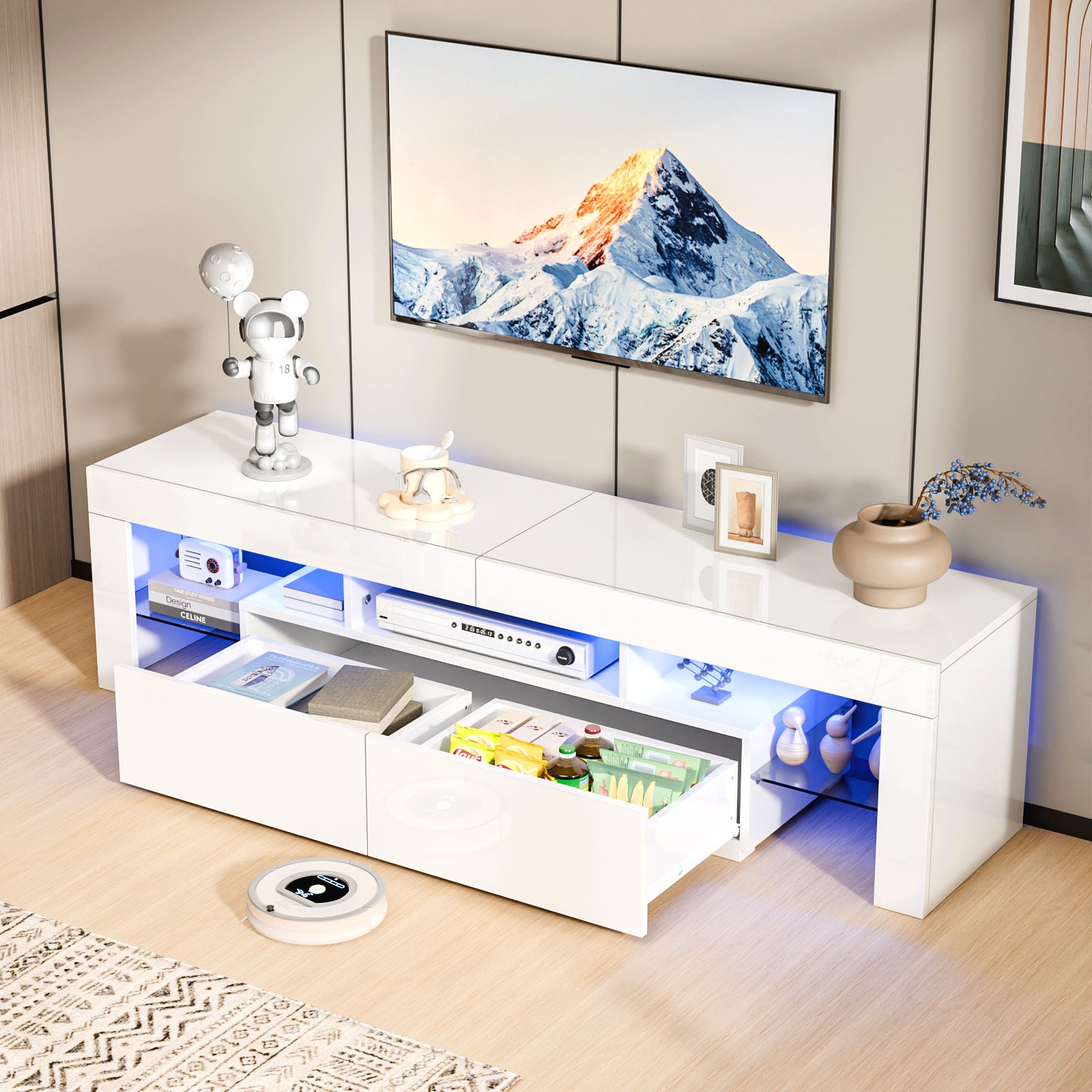 TV Stand Up to 70 Inch TV, TV Cabinet with Open Storage, Industrial TV Console with 2 Drawers And Glass Shelf for Living Room And Bedroom, White