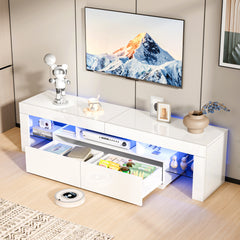 TV Stand Up to 70 Inch TV, TV Cabinet with Open Storage, Industrial TV Console with 2 Drawers And Glass Shelf for Living Room And Bedroom, White
