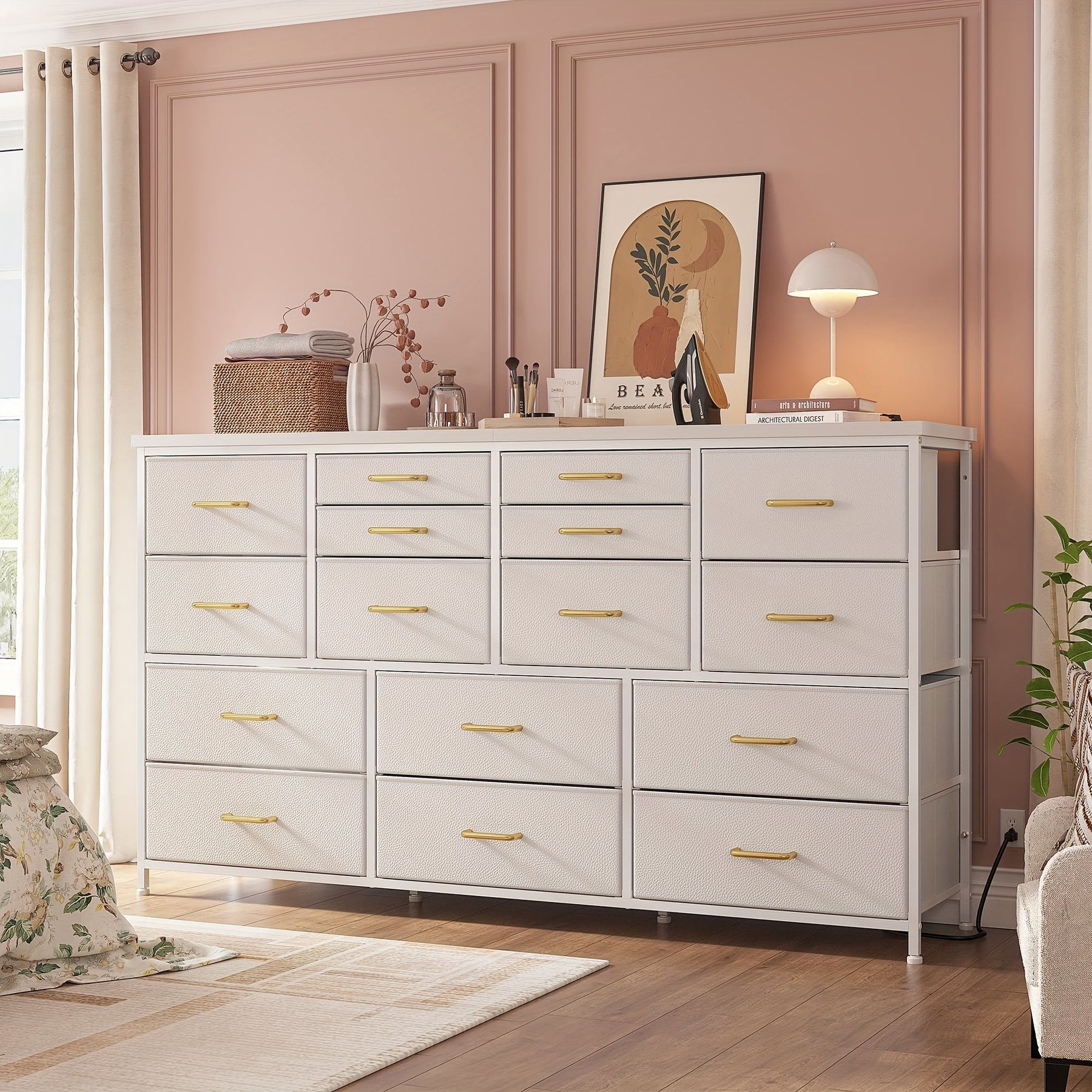 TV Stand Dresser with Power Outlet And USB White Dresser for Bedroom with 16 Drawers TV Stands for Living Room TV Stand with Storage for Bedroom, Media TV Console Table 51.1"W X 11.8"D X 34.8"H
