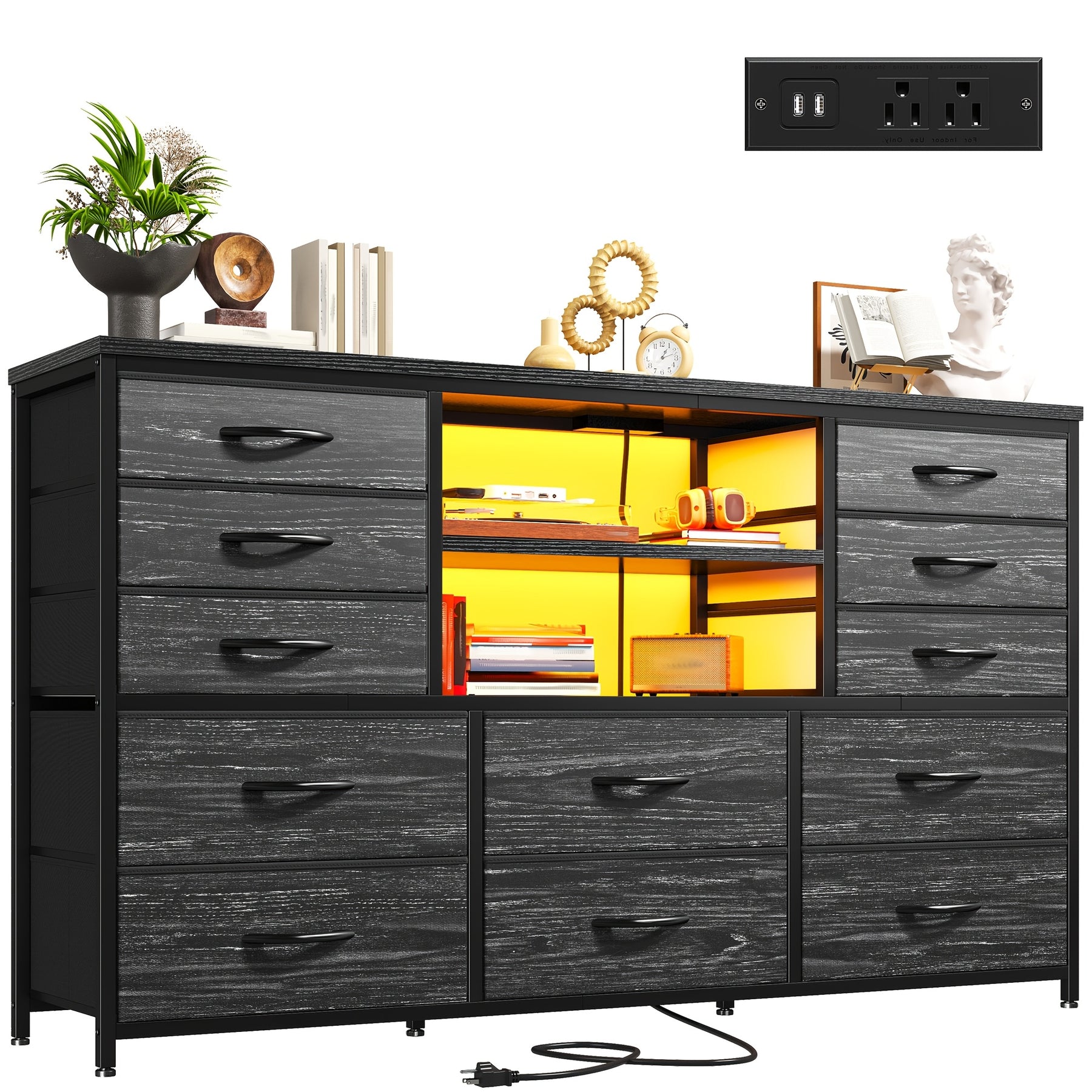 TV Stand Dresser for 60''TV Entertainment Center with LED Lights & Power Outlet 12 Drawers Dresser for Bedroom Black Dresser TV Console Table Living Room, 49.2''W*11.8''D*35.4''H