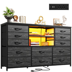 TV Stand Dresser for 60''TV Entertainment Center with LED Lights & Power Outlet 12 Drawers Dresser for Bedroom Black Dresser TV Console Table Living Room, 49.2''W*11.8''D*35.4''H