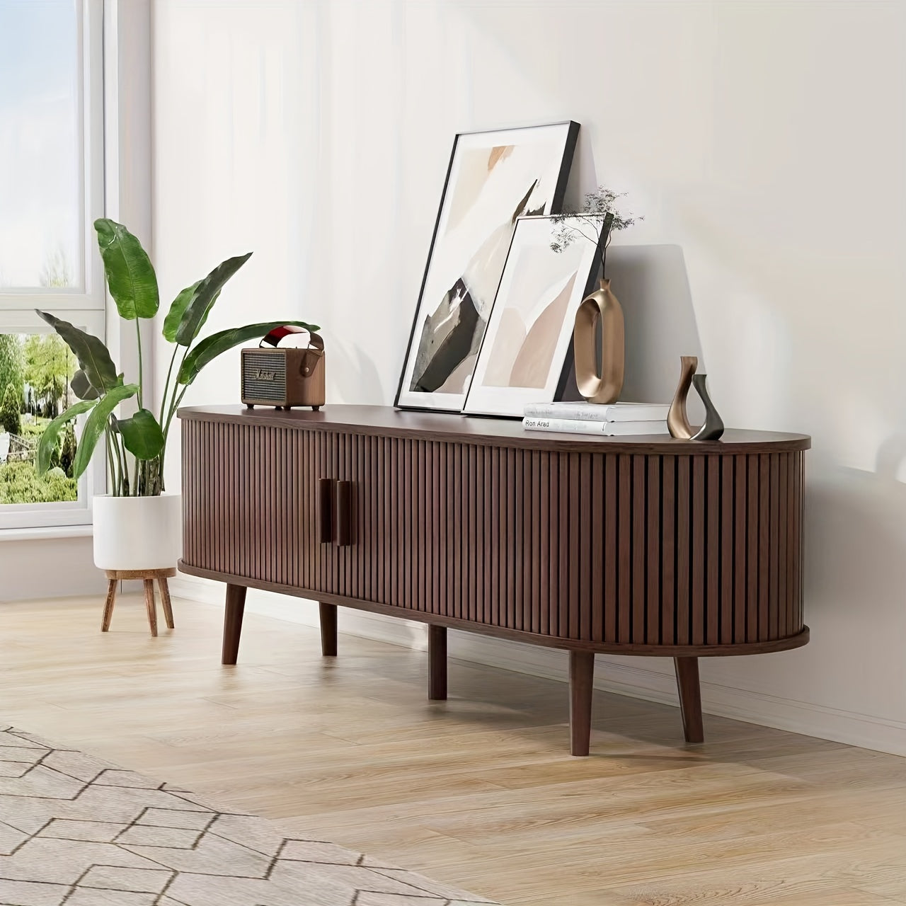 Chic Curved Edge Modern TV Stand - 55/69" Oak/Walnut, Farmhouse Style with 2 Drawers & Adjustable Shelves, Solid Wood Legs, Beige Media Console Table, Tv Console for Living Room