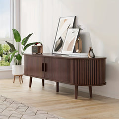 Chic Curved Edge Modern TV Stand - 55/69" Oak/Walnut, Farmhouse Style with 2 Drawers & Adjustable Shelves, Solid Wood Legs, Beige Media Console Table, Tv Console for Living Room