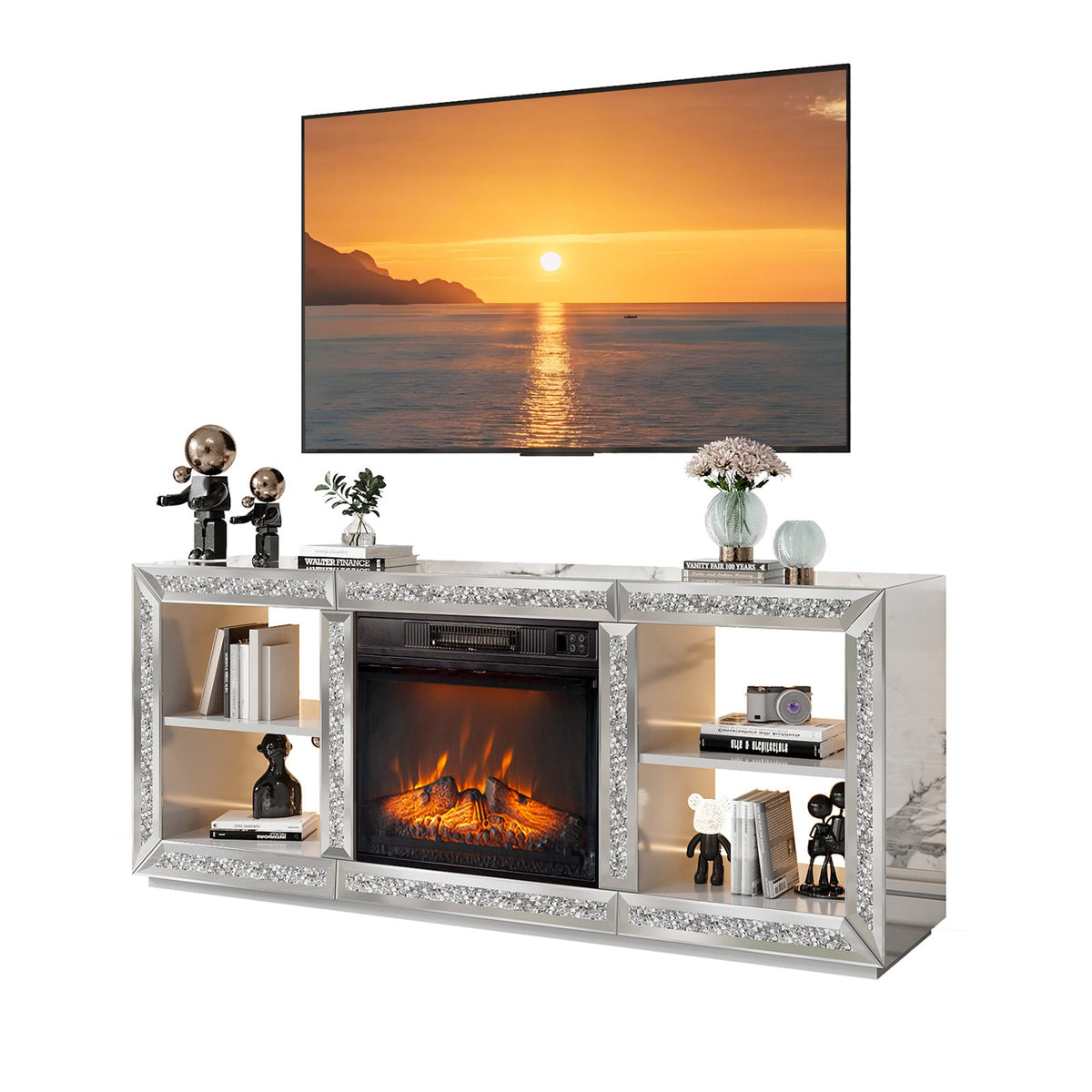 Silver Mirror Modern TV Stand with 18 Inch Fireplace Insert & Storage Shelves, Medium Density Fiberboard Fireplace TV Console for Living Room, 143 x 35 x 62 cm
