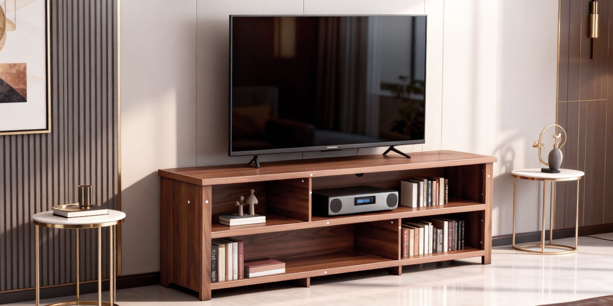 Dark Brown Particle Board TV Stand, 70.07"×15.75"×24.4" Double Layer Entertainment Center with Open Storage Shelves, Modern TV Console for Living Room & Bedroom