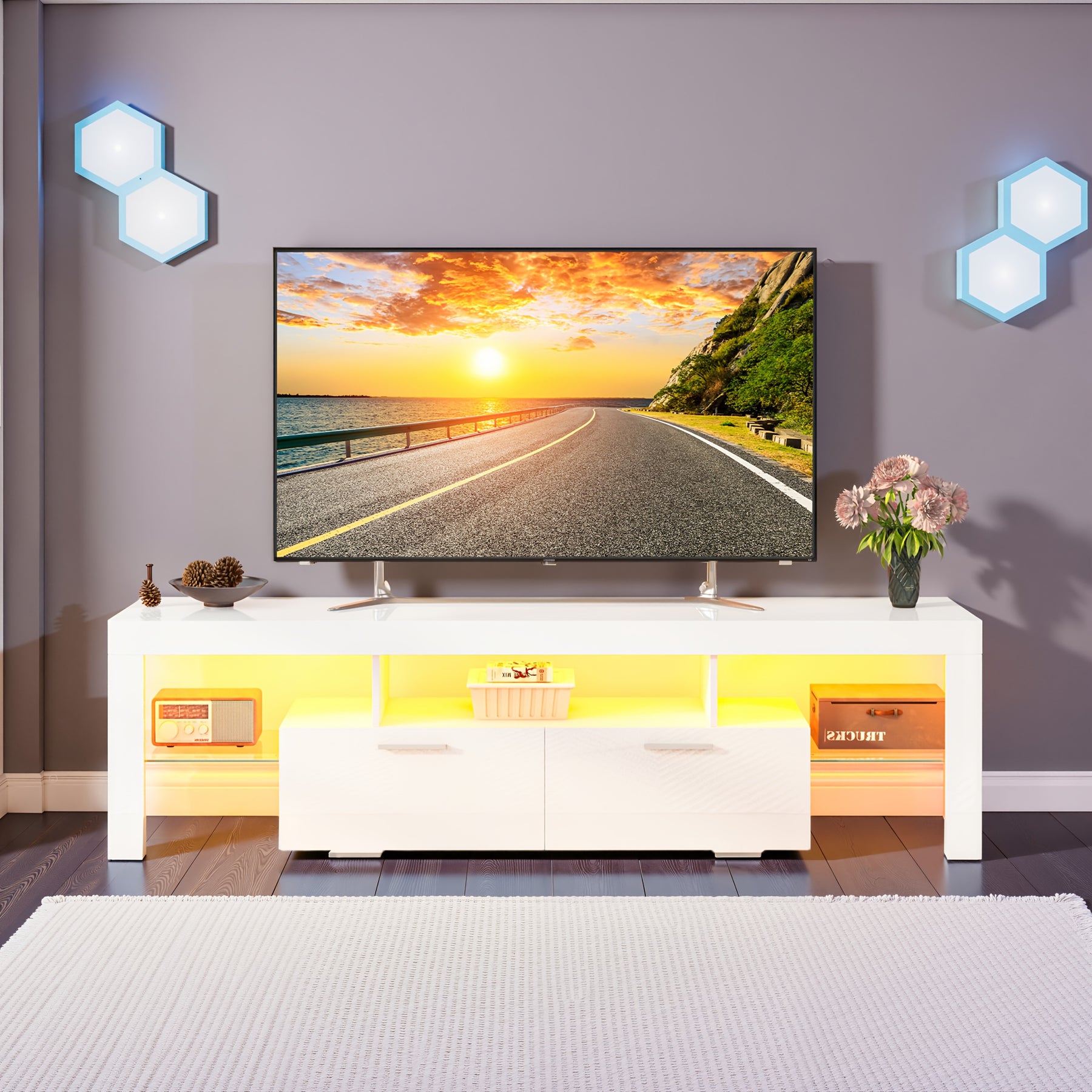 Modern TV Stand for 55/60/65/70/75 Inch TV with LED Lights, Gaming Entertainment Center for PS5, Xbox, TV Cabinet with Adjustable Glass Shelves, Media TV Console with Storage Cabinets for Living Room, Bedroom, 3 Sizes Available, White Or Black