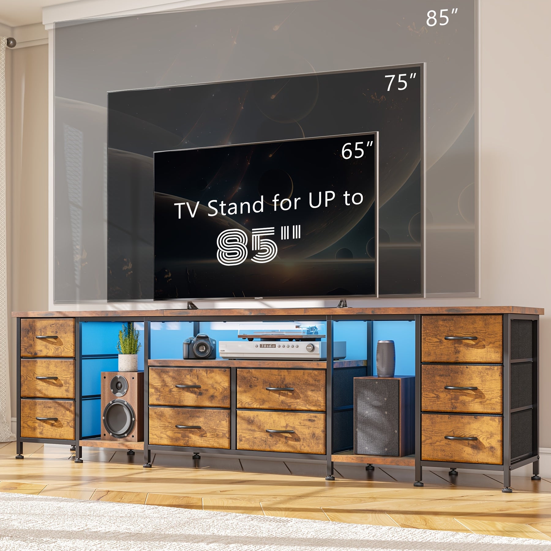 Fits 85" TV Stand Dresser for 75 80 85 Inch TV 75.5" W Dresser TV Stand for Bedroom with LED & Power Outlets & 10 Drawers Brown Dresser for Bedroom Long Fabric Dresser Entertainment Center, Two Colors.