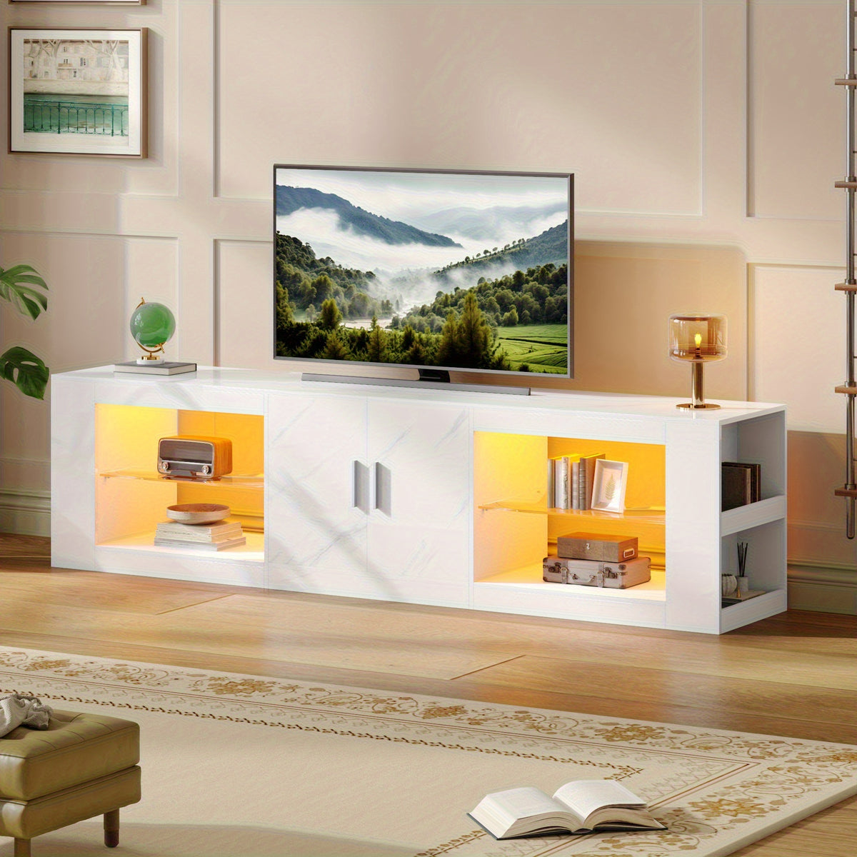 LED TV Stand for 55/60/65/70/75/80 Inch TV, Marble Pattern Gaming Entertainment Center with PS5, Xbox, Modern TV Cabinet with Storage And LED Lights, TV Console with Adjustable Glass Shelves for Living Room, Bedroom, White Or Black Marble
