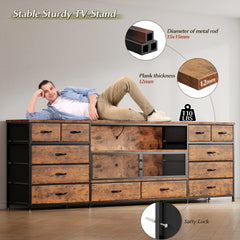85/80/75 Inch TV Stand for Bedroom with LED & Charging Station Large TV Console with Open Shelf & Mesh Door 71" Long Dresser for Bedroom with 12 Fabric Drawer Black/Rustic Brown