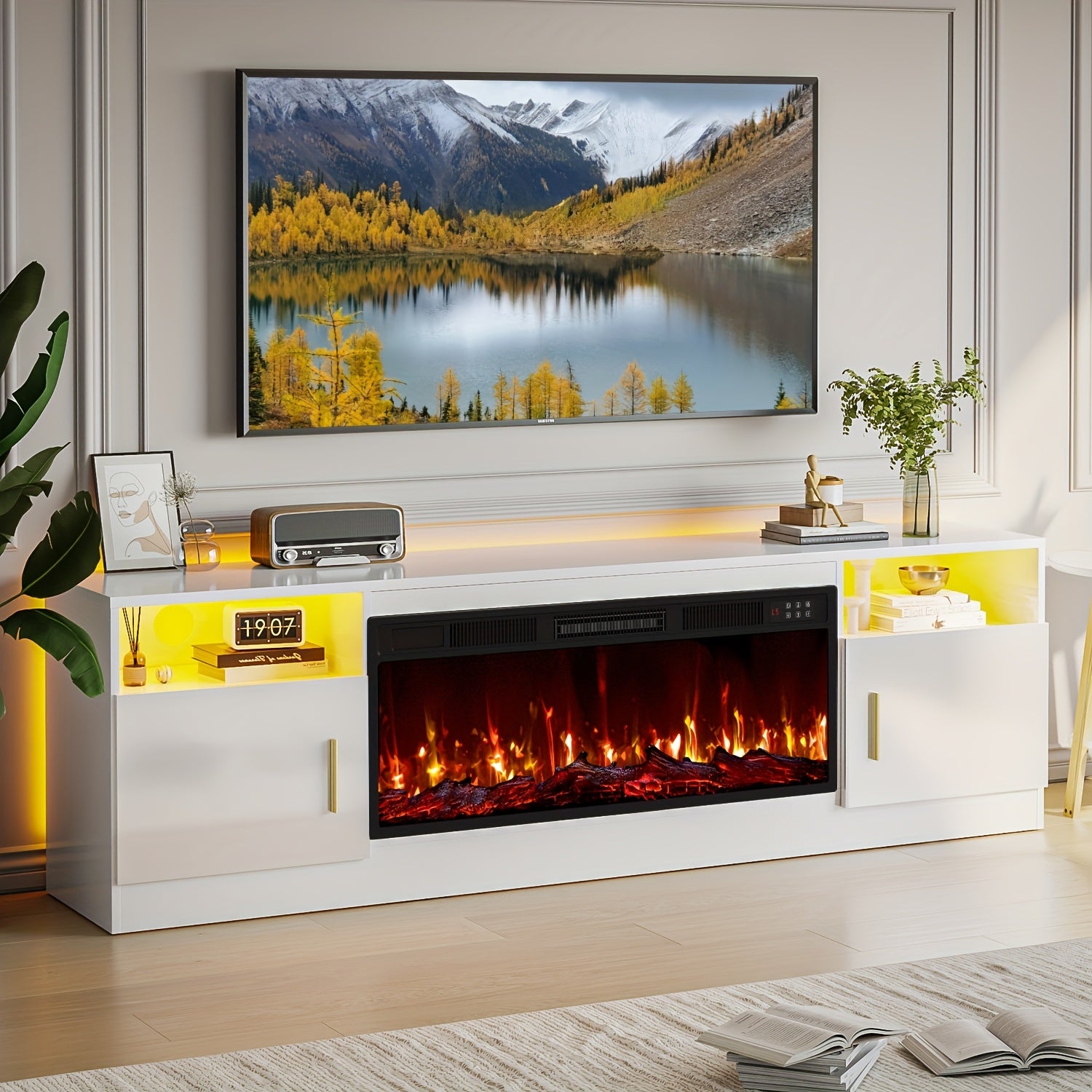 Fireplace Tv Stand with 36 Inch Fireplace Up to 80" TVs, LED Light Entertainment Center And Storage, 70" Modern Wood Media TV Console with Highlight Cabinet for Living Room