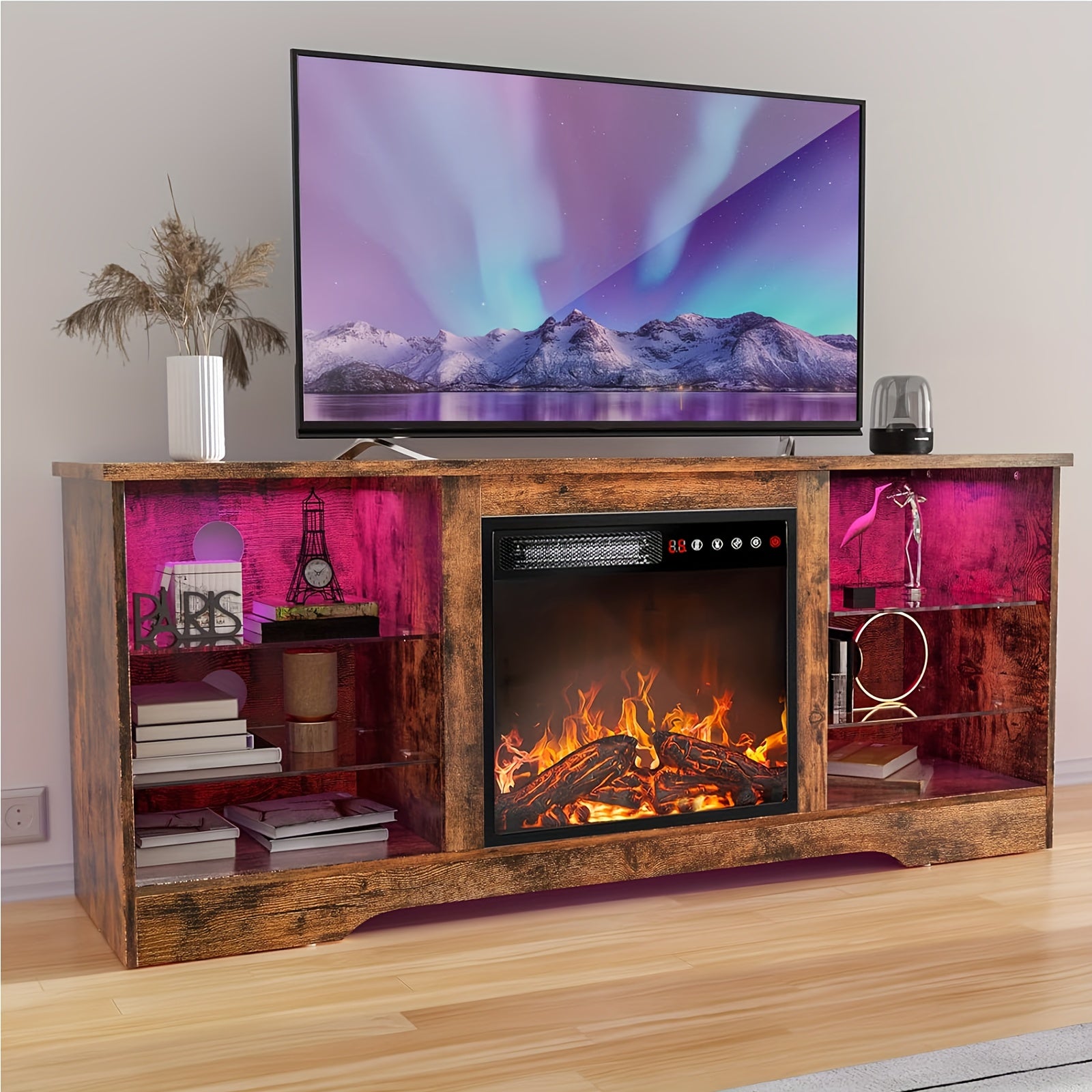 Fireplace TV Stand with 18-Inch Fireplace, Modern Entertainment Center for Tvs Up to 65 Inches, Media TV Console with Adjustable Glass Shelves And Storage Cabinets, Farmhouse TV Stand for Living Room