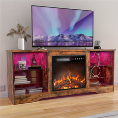 Fireplace TV Stand with 18-Inch Fireplace, Modern Entertainment Center for Tvs Up to 65 Inches, Media TV Console with Adjustable Glass Shelves And Storage Cabinets, Farmhouse TV Stand for Living Room