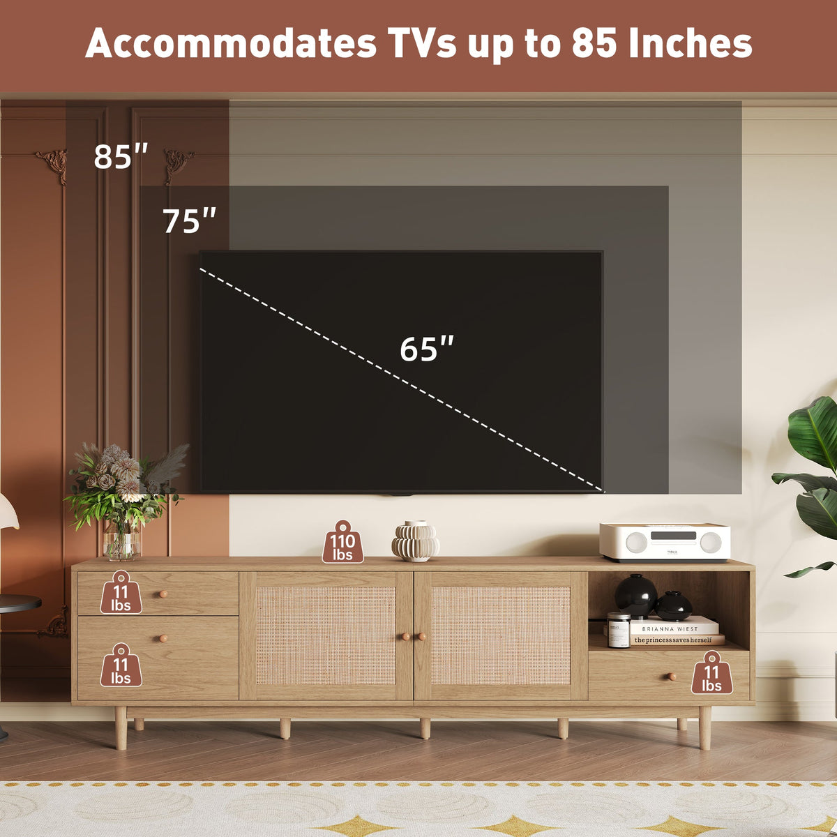 Boho TV Stand for 65, 75, 85 Inch TV, Entertainment Center with Open Storage and Drawers, Modern Wood Media TV Console with Real Rattan