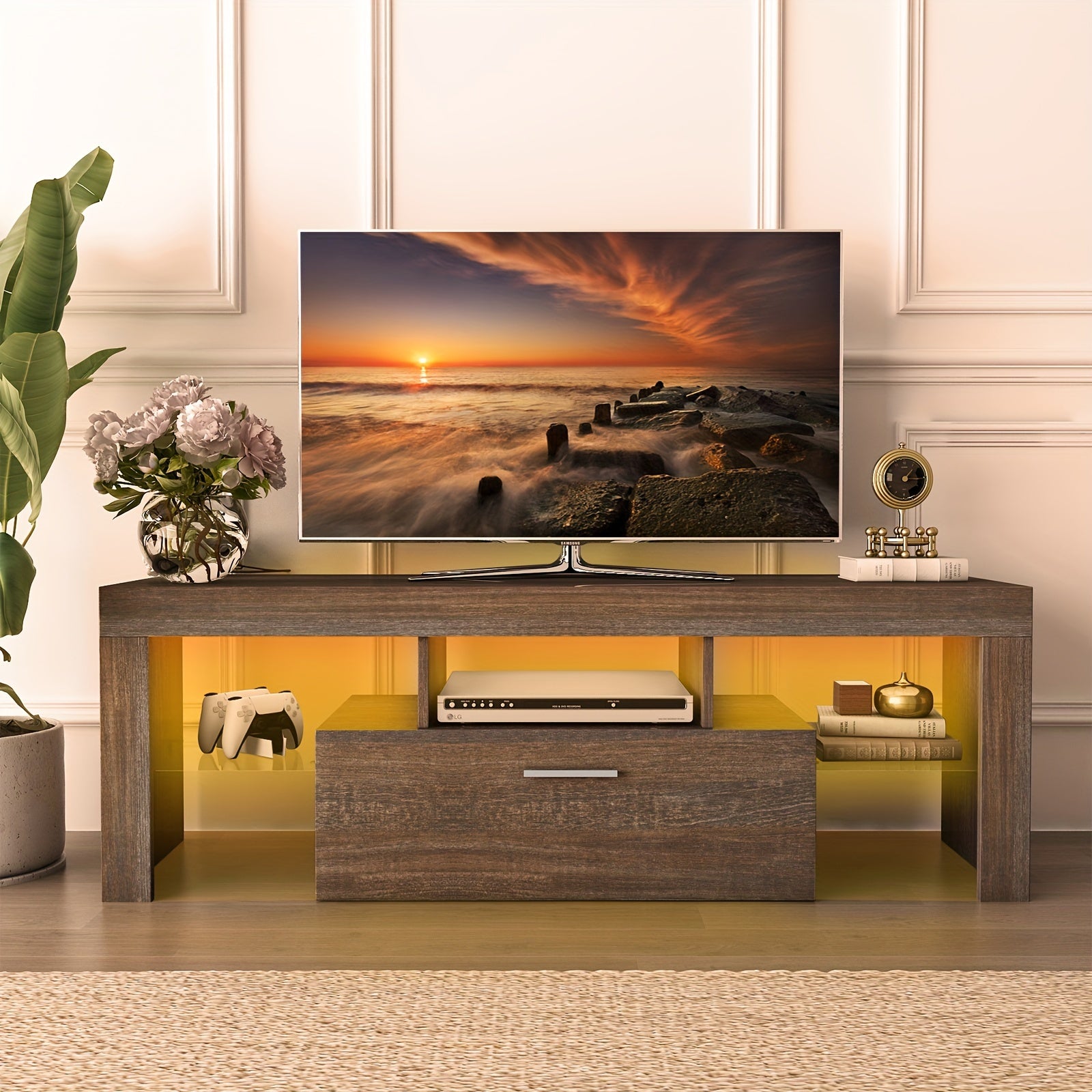 Contemporary LED TV Stand Measuring 63''/71'' Suitable for 55/65/75/80 Inch Televisions, Featuring a High Gloss End. This Media Console Table Serves As an Entertainment Center with Storage Drawers, Perfect for Your Living Room, Game Room