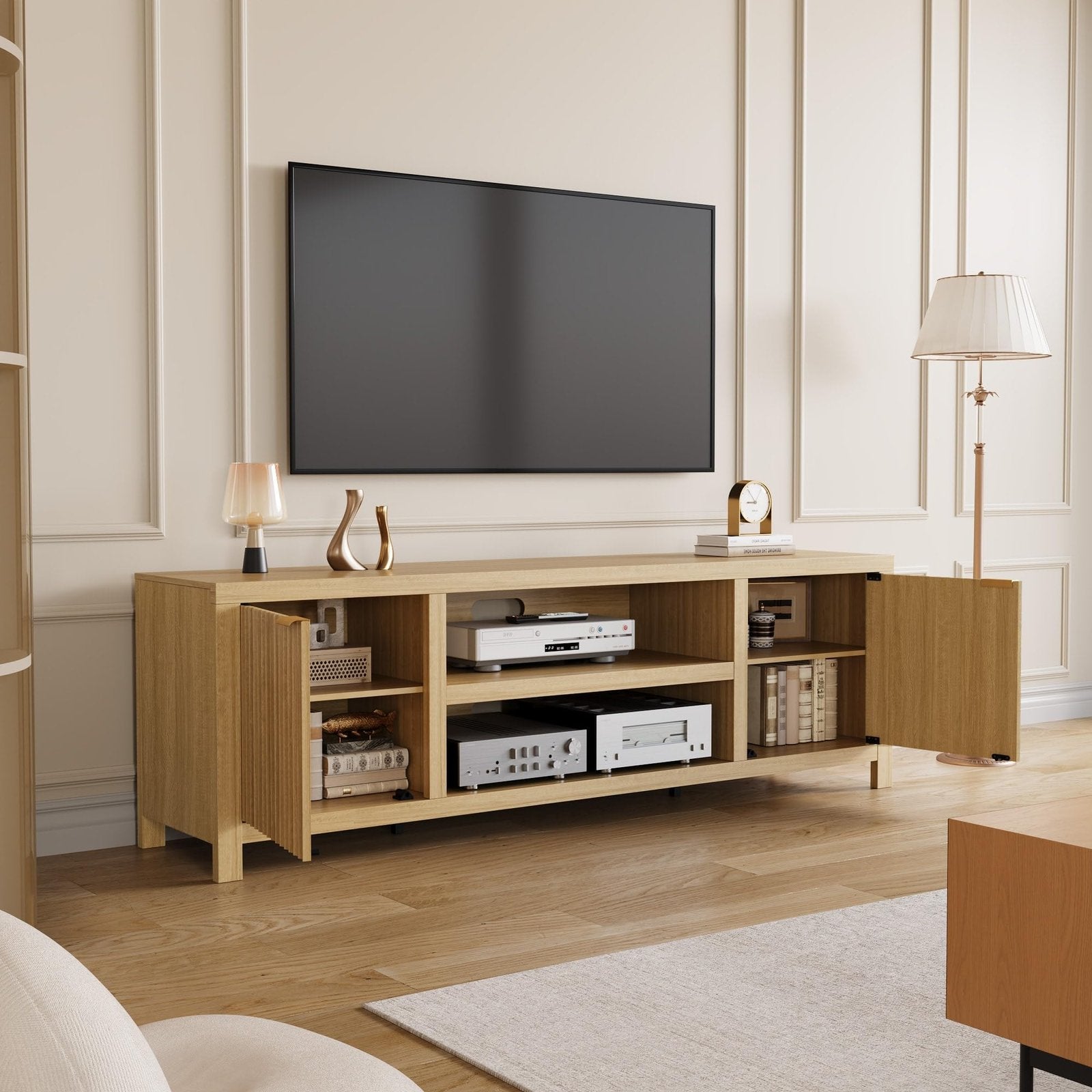 IDEALHOUSE Modern TV Stand for 80-inch TVs Suitable for Living Room & Bedroom, Natural Oak Media Cabinet with Adjustable Shelves, 2-Tier Storage Entertainment Center, Furniture for 80 Inch Screens