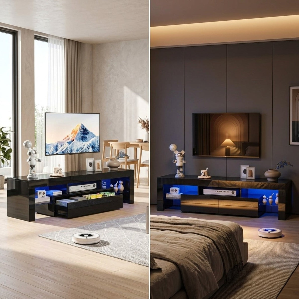 63 Inch Modern TV Stand with LED Lights & Ample Storage, Stylish White Media Console for 55-70 Inch TVs, Ideal for Living Room & Bedroom