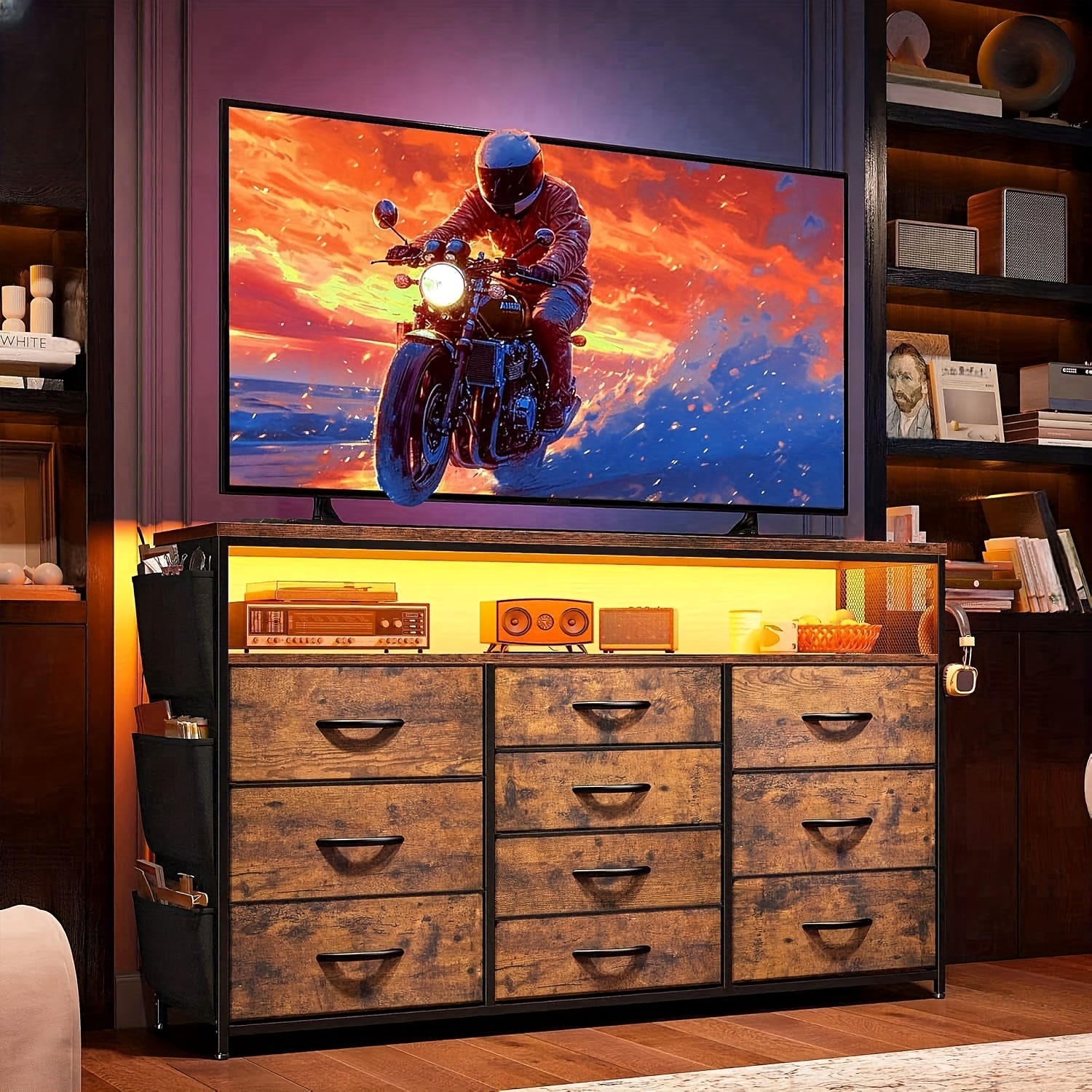 Dresser TV Stand With 10 Drawers For 55" TV Stand For Bedroom With LED Lights & Power Outlets Wide Dresser For Bedroom With Shelves & Side Pockets Sturdy Metal Frame & Wood Top, Charcoal Black