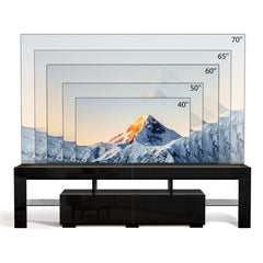 TV Stand for 70 Inch TV, TV Cabinet with Open Storage, Industrial TV Cabinet with 2 Drawers and Glass Shelves for Living Room and Bedroom, Black