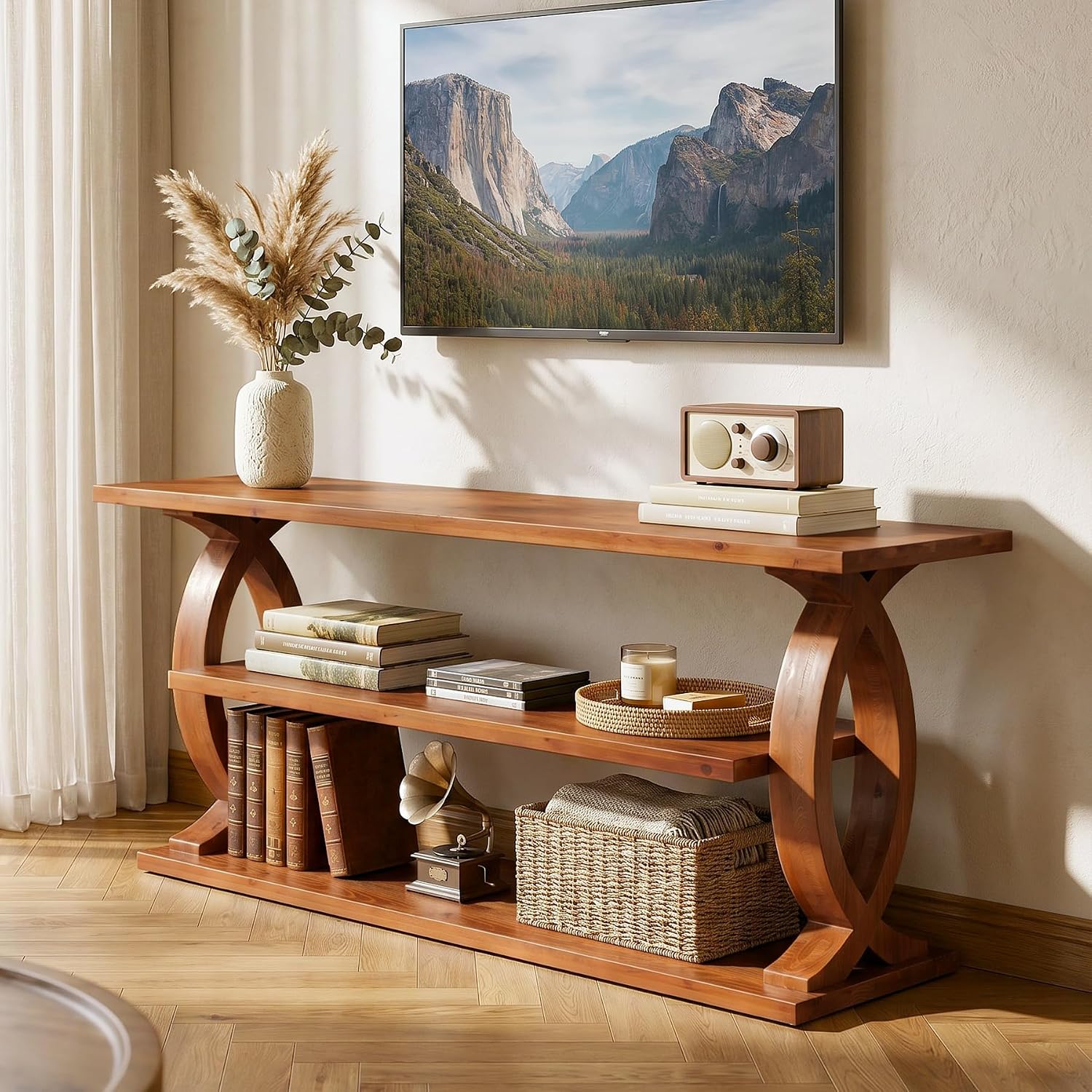 63' Solid Wood TV Stand for 75-Inch TVs, 3-Tier TV Console with Open Storage Shelves, Farmhouse Wooden Entertainment Center Television Stands with Sturdy Legs for Living Room, Bedroom, Brown