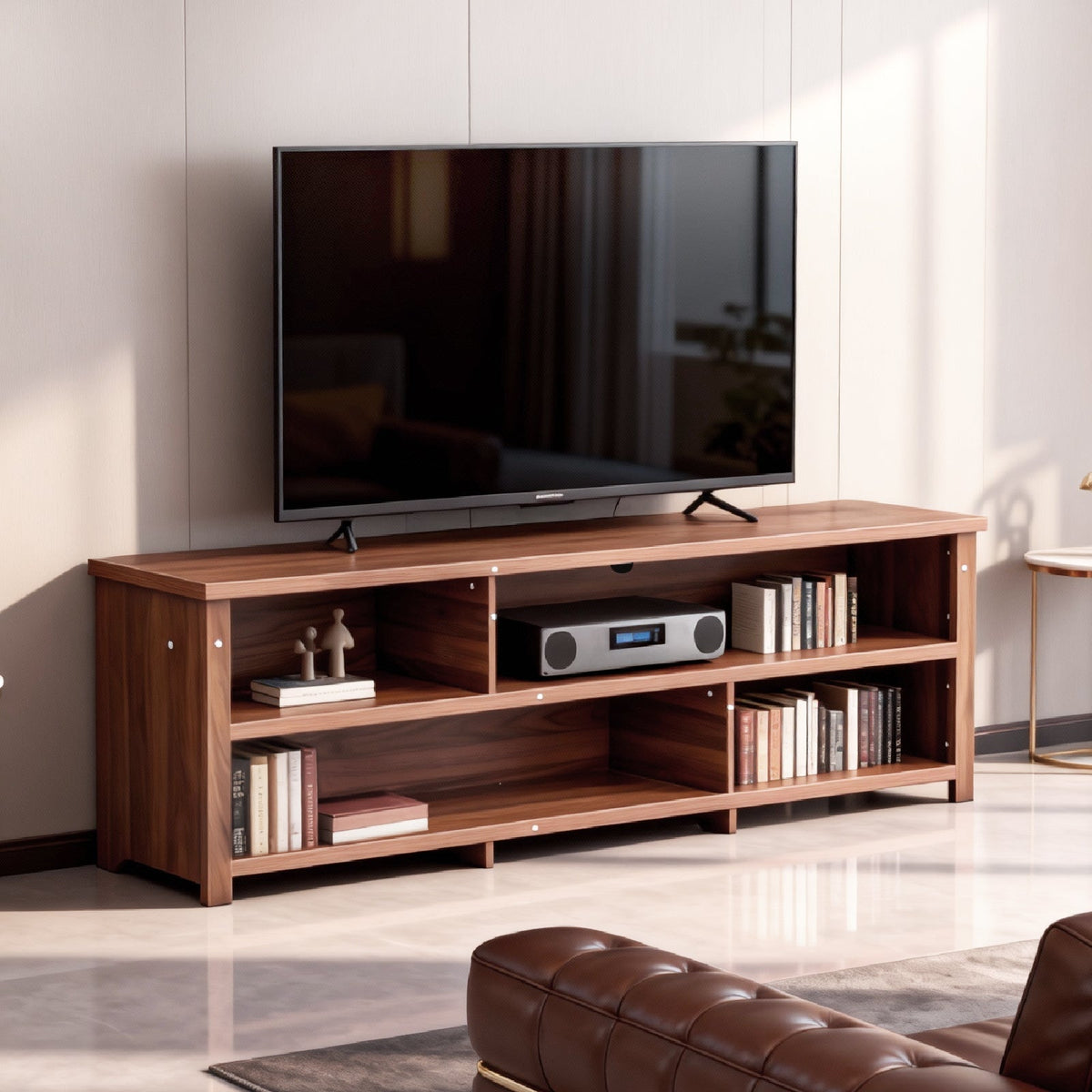 Dark Brown Particle Board TV Stand, 70.07"×15.75"×24.4" Double Layer Entertainment Center with Open Storage Shelves, Modern TV Console for Living Room & Bedroom