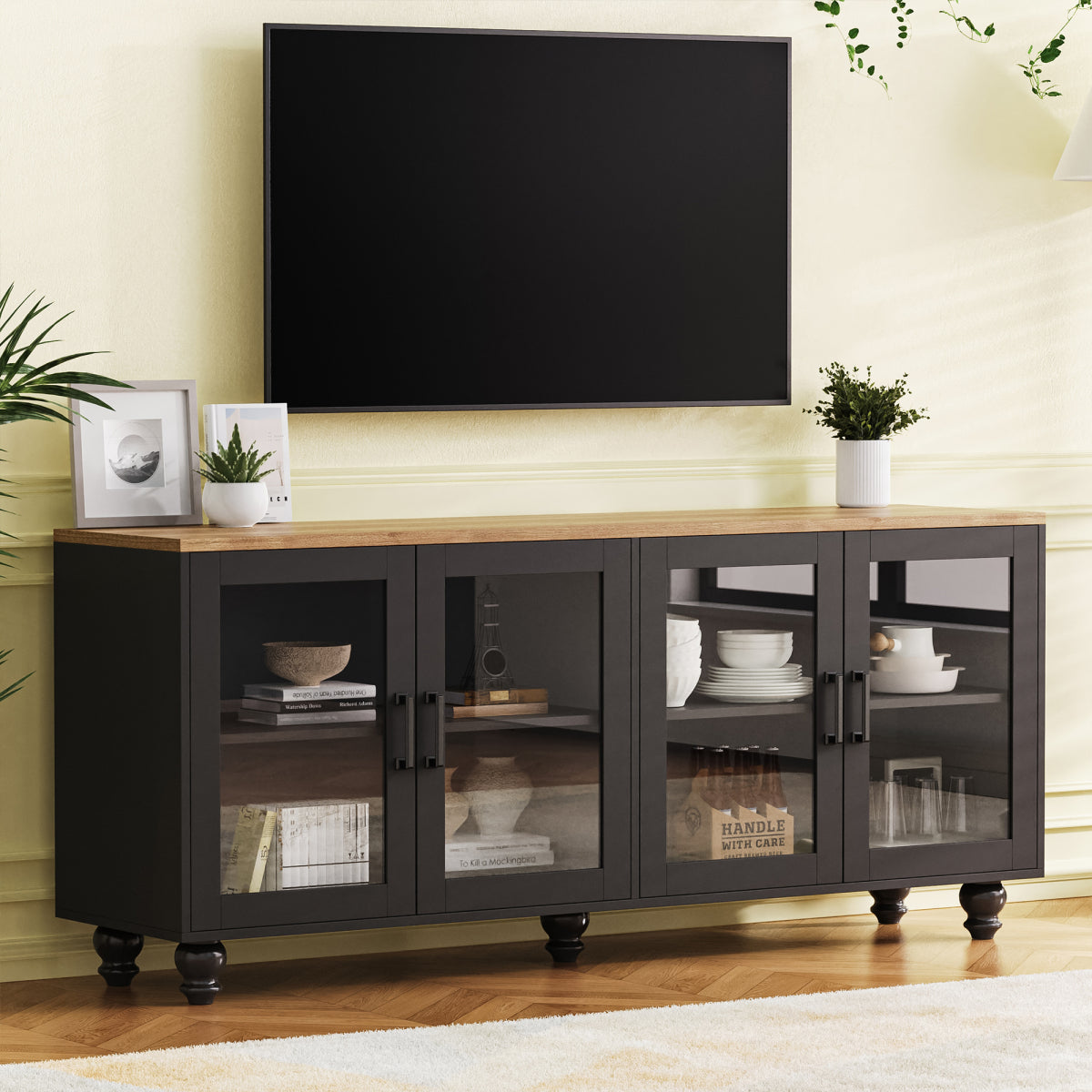ON-TREND Farmhouse TV Stand Featuring Tempered Glass Doors Suitable for Tvs Up to 70 Inches, a Multifunctional Sideboard with Adjustable Shelves, And a Stylish Buffet Cabinet Supported by 5 Sturdy Wood Legs Shaped Like Gourds