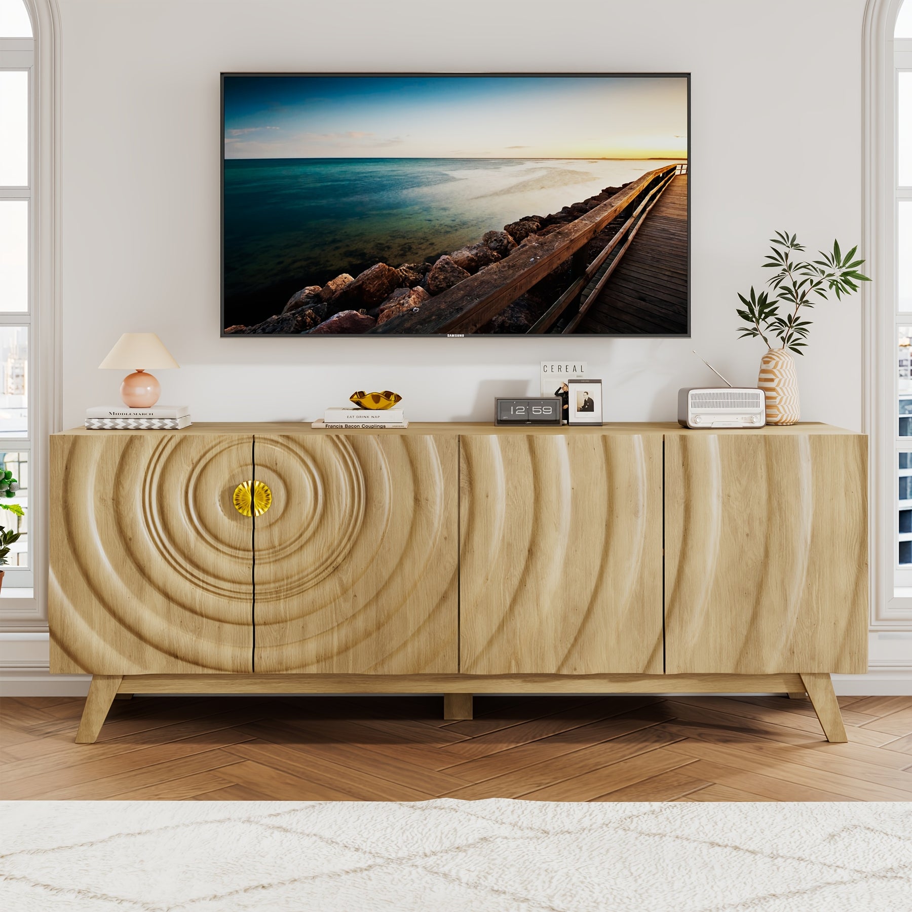 HWB Wave-Patterned TV Stand with Raised Legs, Console Table with 2 Storage Cabinets & Adjustable Shelves, Large Entertainment Center Fits 50"-70" TVs for Living Room