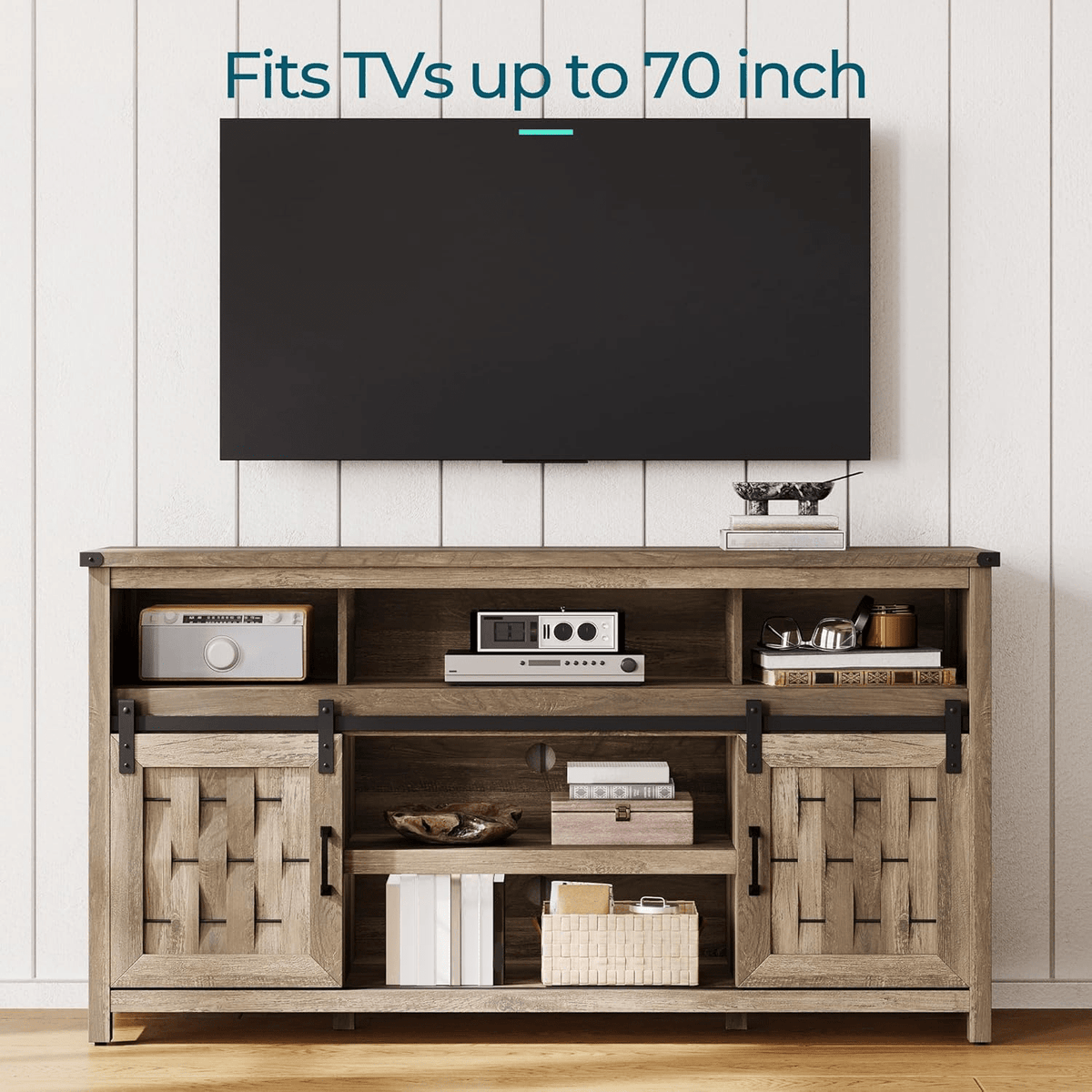 Farmhouse Highboy TV Stand for 70" TV, Tall Entertainment Center with Sliding Barn Door, Rustic Media Console with Storage Shelves, Wood TV Stand for Living Room, Light Brown-Christmas Gifts,Black Fridays items,Christmas Home Decor,Christmas Decorations