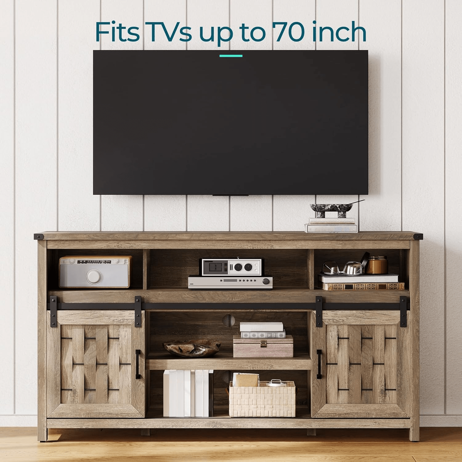 Farmhouse Highboy TV Stand for 70" TV, Tall Entertainment Center with Sliding Barn Door, Rustic Media Console with Storage Shelves, Wood TV Stand for Living Room, Light Brown-Christmas Gifts,Black Fridays items,Christmas Home Decor,Christmas Decorations