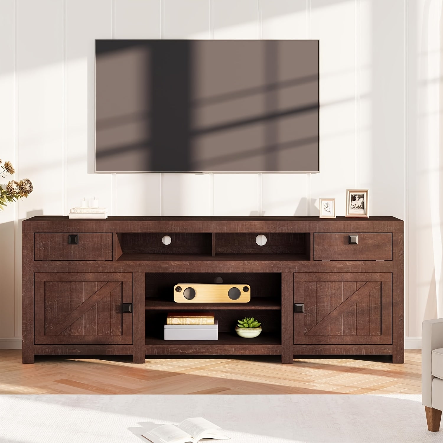 70. 1 Inch TV Stand with Doors And Drawers for TVs Under 80 Inch, Modern Entertainment Center, TV Media Cabinet, Multi-Function Organizer with Open Storage Space for Living Room, Bedroom (Antique White/ Gray)
