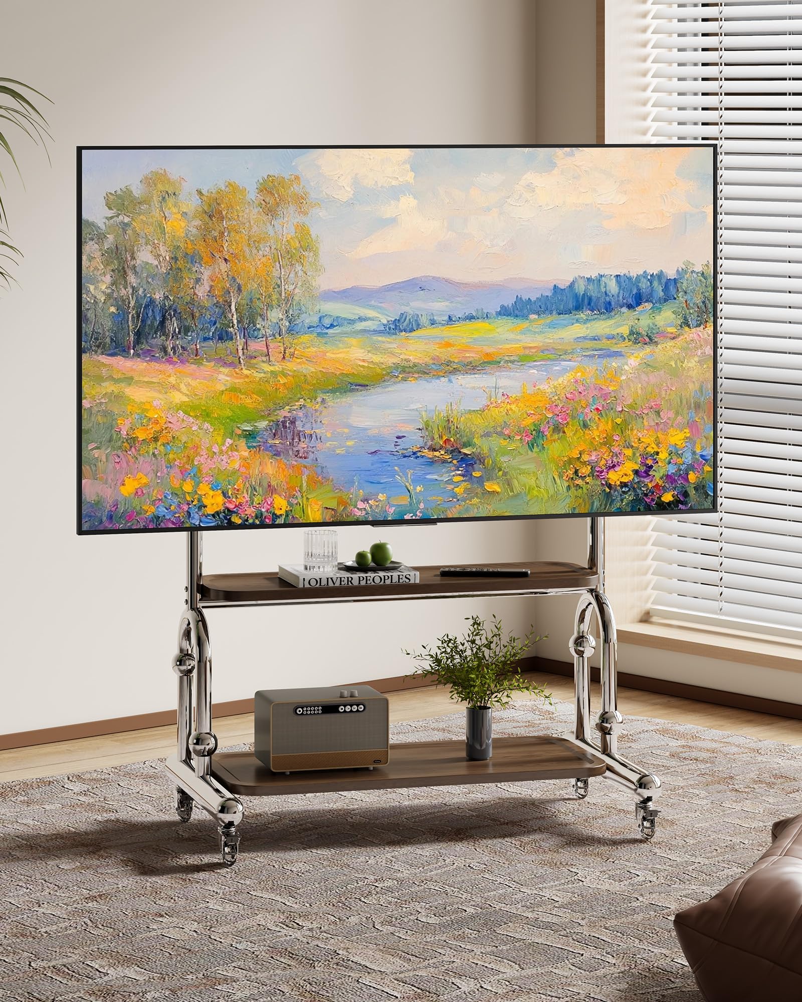 Stainless Steel Rolling TV Stand for 32 to 75 Inch TVs with Dual Shelves