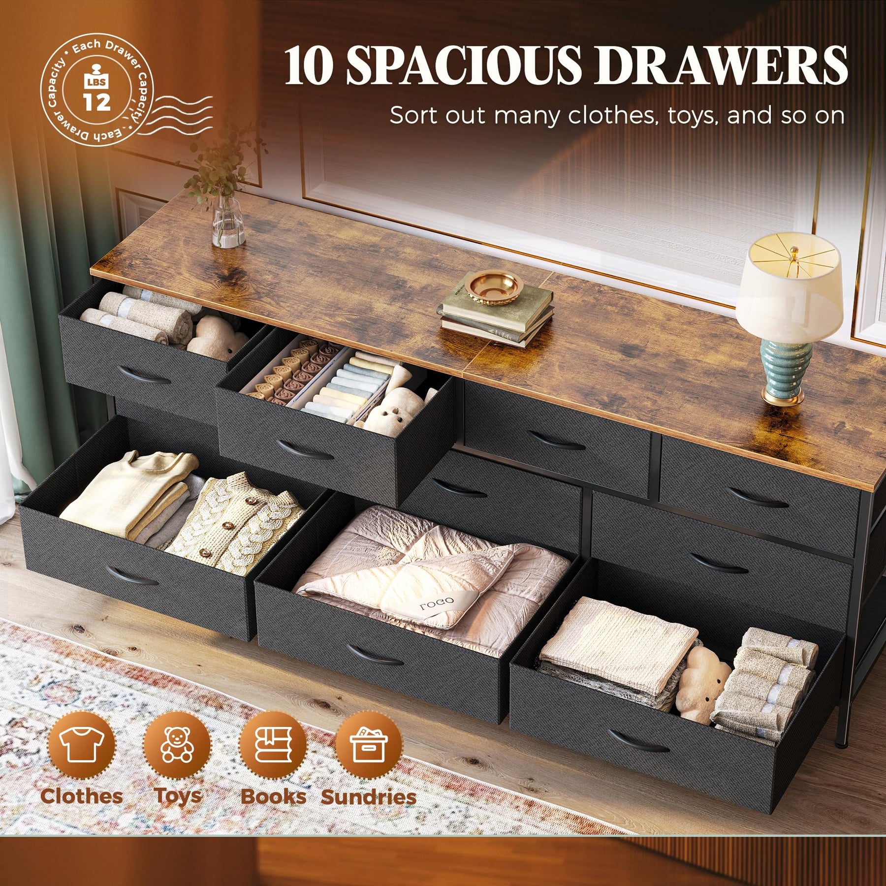 Huuger 63 Inch Dresser for Bedroom, Long Dresser with 10 Fabric Drawers, TV Stand for 55, 65, 70 Inch TV, Toy Storage Organizer for Closet, Rustic Brown