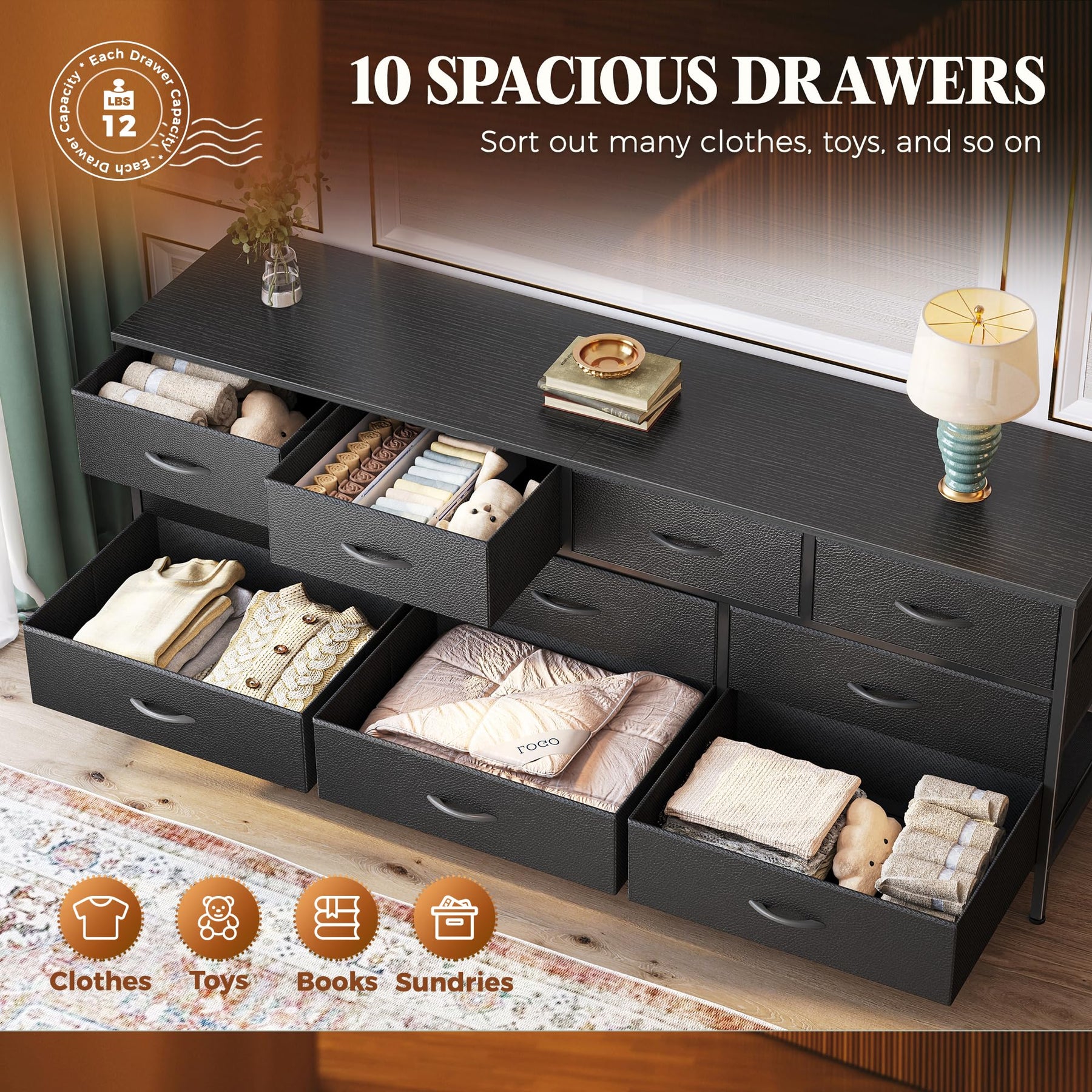 Huuger 63 Inch Dresser for Bedroom, Long Dresser with 10 Fabric Drawers, TV Stand for 55, 65, 70 Inch TV, Toy Storage Organizer for Closet, Rustic Brown