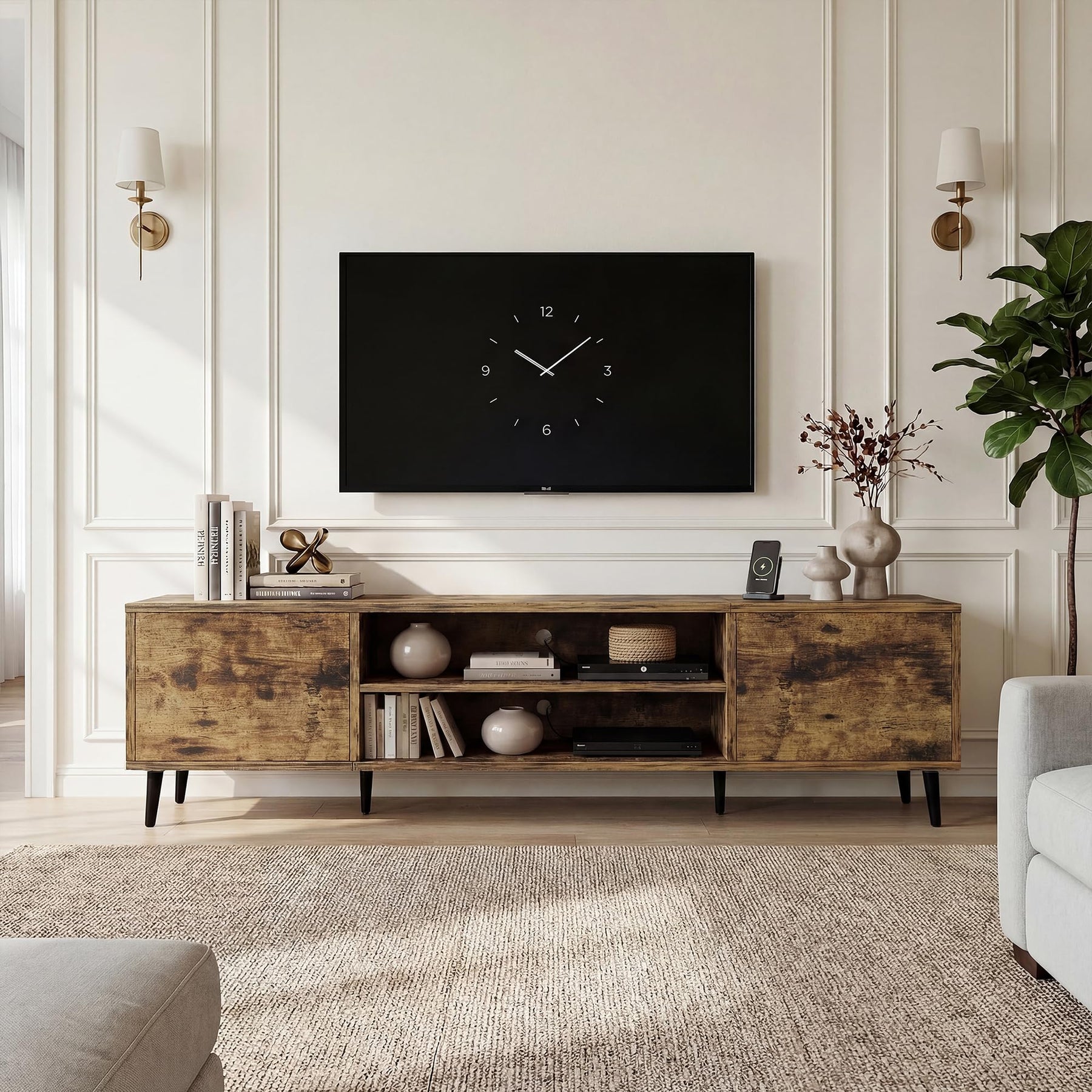 YESHOMY Mid-Century Modern TV Stand, 58 Inch, Light Grey