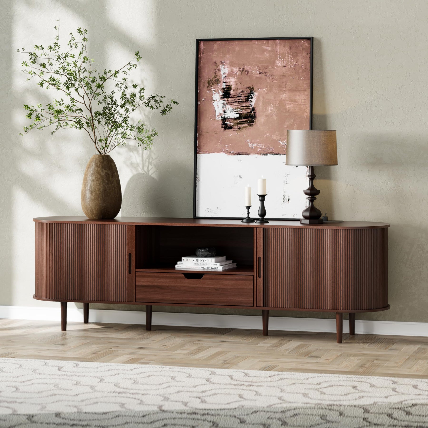 DHH 86.6" Fluted TV Stand with Power Outlet for TVs up to 90", TV Console with Adjustable Shelves and Sliding Door,Mid Century Modern Entertainment Center for Living Room,Bedroom (Walnut)