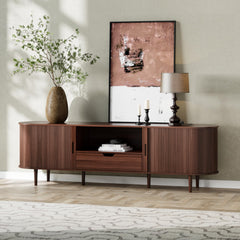 DHH 86.6" Fluted TV Stand with Power Outlet for TVs up to 90", TV Console with Adjustable Shelves and Sliding Door,Mid Century Modern Entertainment Center for Living Room,Bedroom (Walnut)
