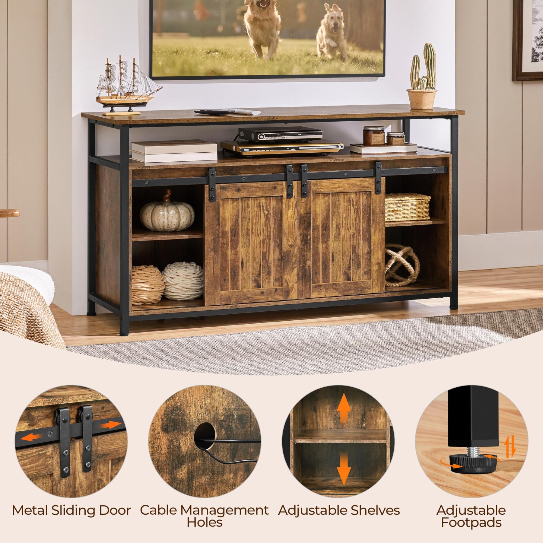 Yaheetech Farmhouse TV Stand for 55 Inch, Sliding Barn Door, Rustic Brown