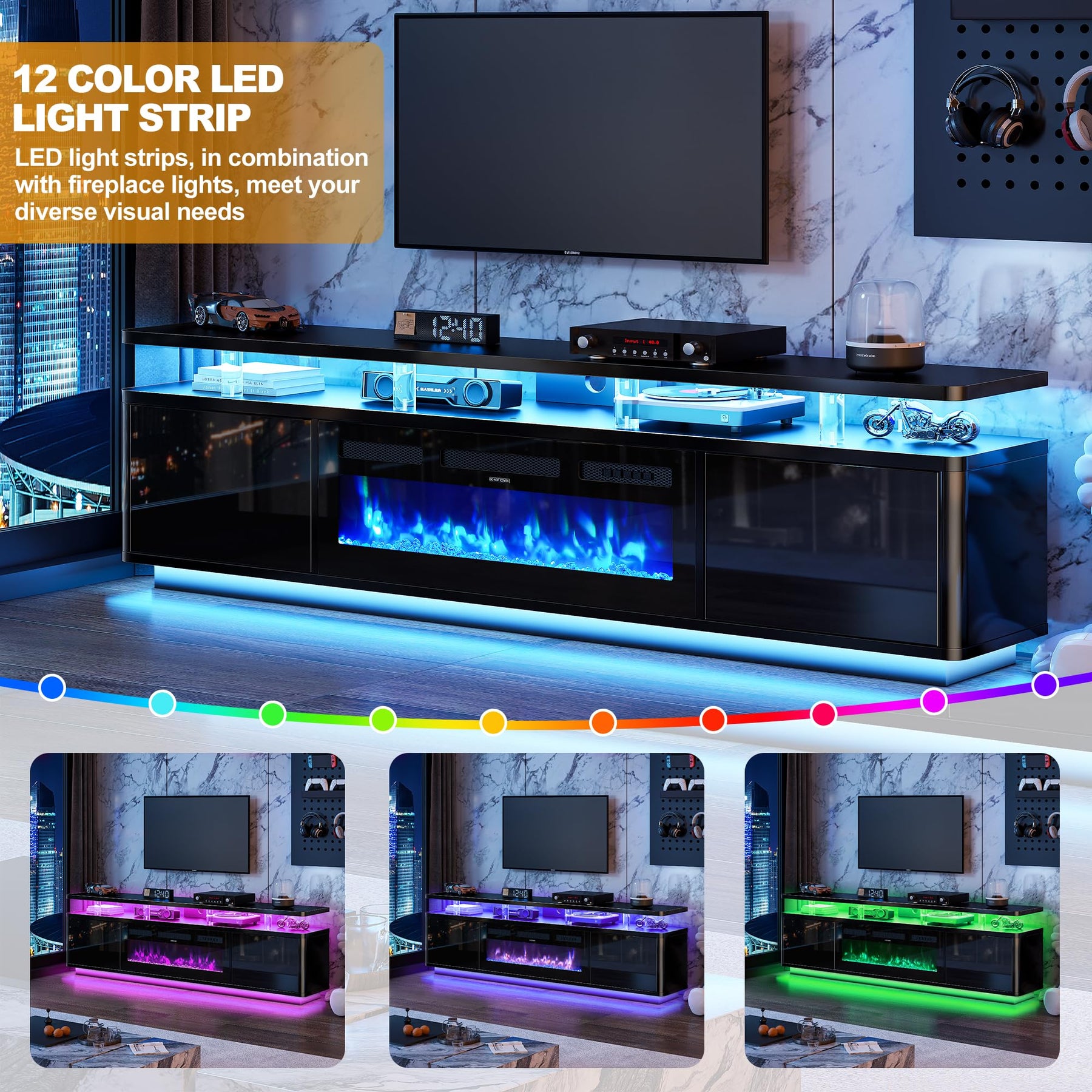 OneBlis 70" Fireplace TV Stand with Double LED Lights for TVs UP to 80", Electric Fireplace Entertainment Center with Storage Cabinets, TV Console for Living Room, Office, Black1