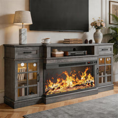 MXV 70" Fireplace TV Stand, 3-Sided Glass Fireplace and Modern Entertainment Center, Wooden Media Console with Glass Doors & Storage Drawers, LED Light, for Living Room, Antique White