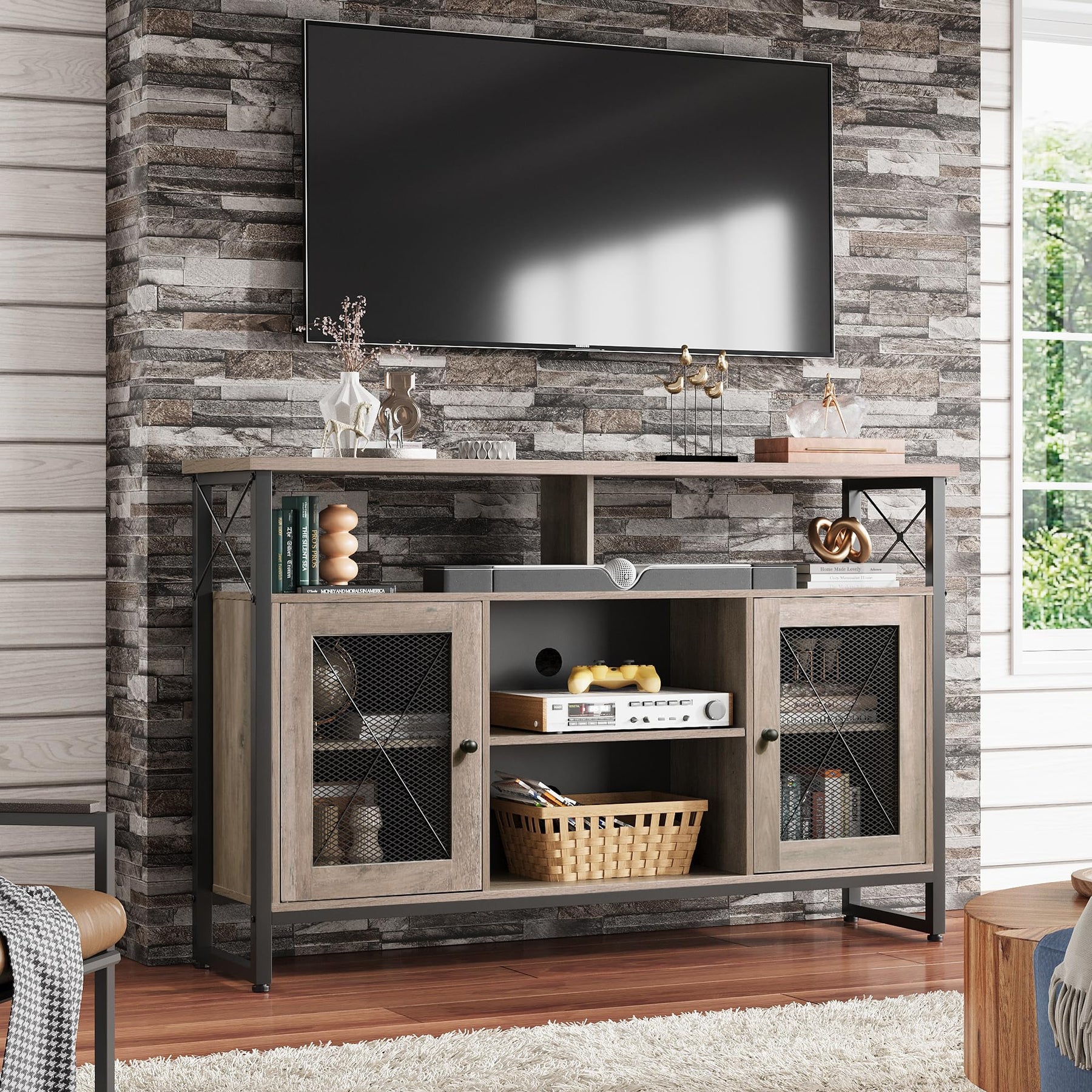 WLIVE TV Stand 55 inch TV, Tall Entertainment Center with Storage, Farmhouse Industrial TV Console for Bedroom Living Room, Rustic Brown