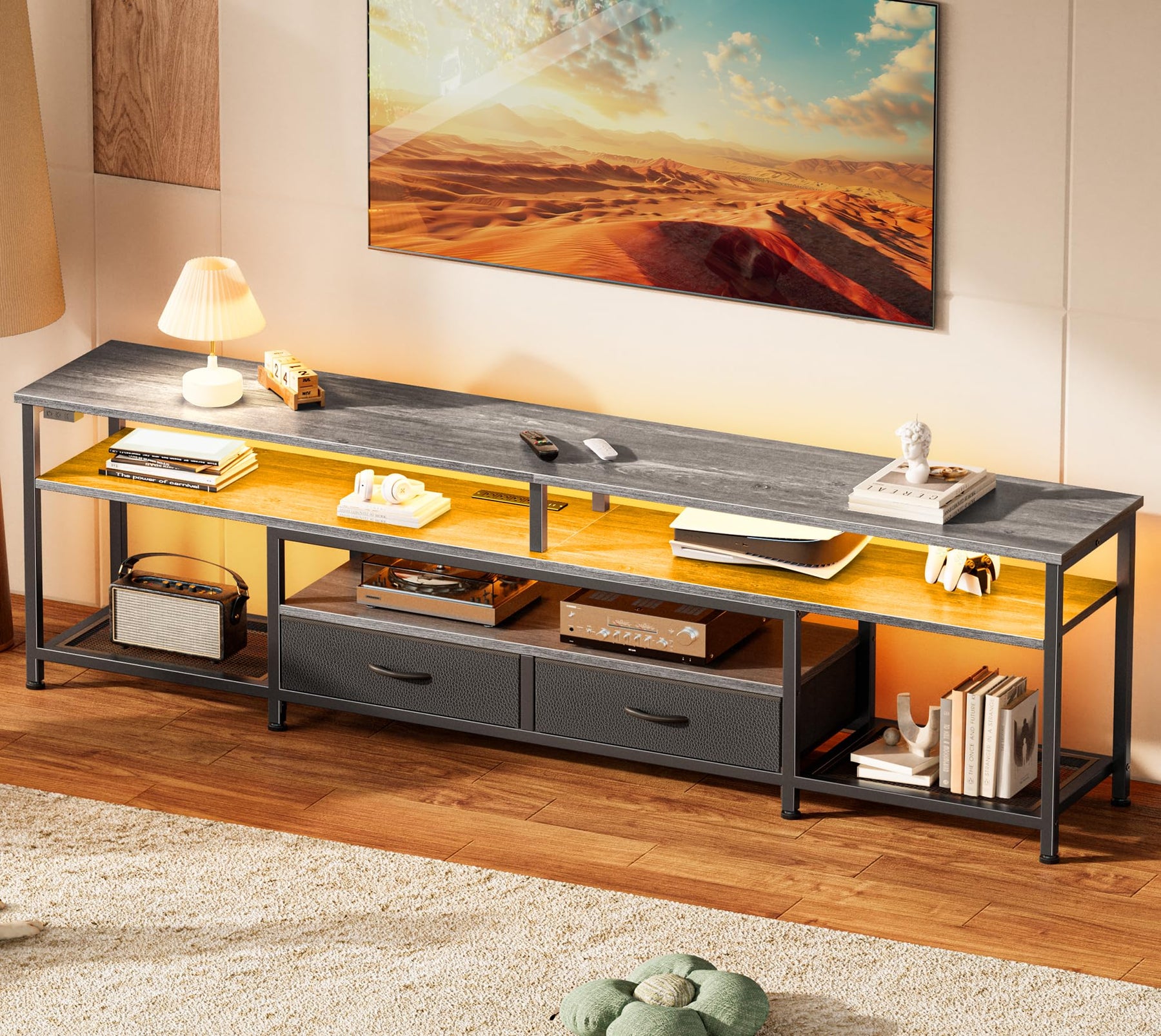 Huuger 63 Inch LED TV Stand for 65 70 Inch TV, Entertainment Center with Open Shelves and Power Outlets, TV Console for Living Room, Media Console with Drawers, Black