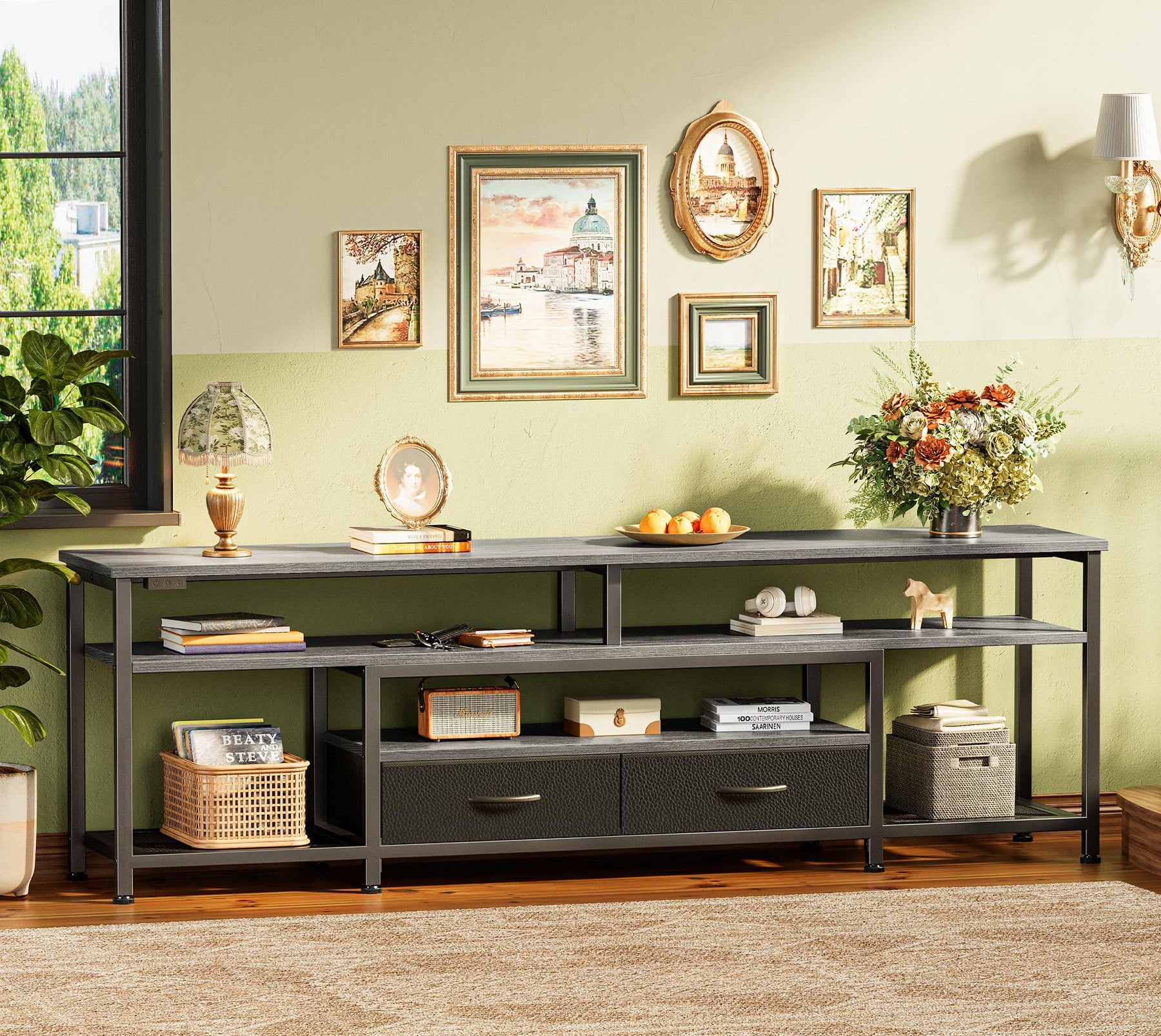 Huuger 63 Inch LED TV Stand for 65 70 Inch TV, Entertainment Center with Open Shelves and Power Outlets, TV Console for Living Room, Media Console with Drawers, Black