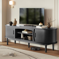 Decofy Mid Century TV Stand for TVs up to 80 Inches, Entertainment Center with Storage, Power Outlet, Fluted Sliding Doors & Adjustable Shelves, Modern Media TV Console Table for Living Room (Walnut)