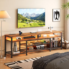 Furologee TV Stand with Power Outlets and LED Lights, 63 Inch Entertainment Center for 60 65 70 Inch TVs, Media Console Table with Open Shelves, for Bedroom, Living Room, Black