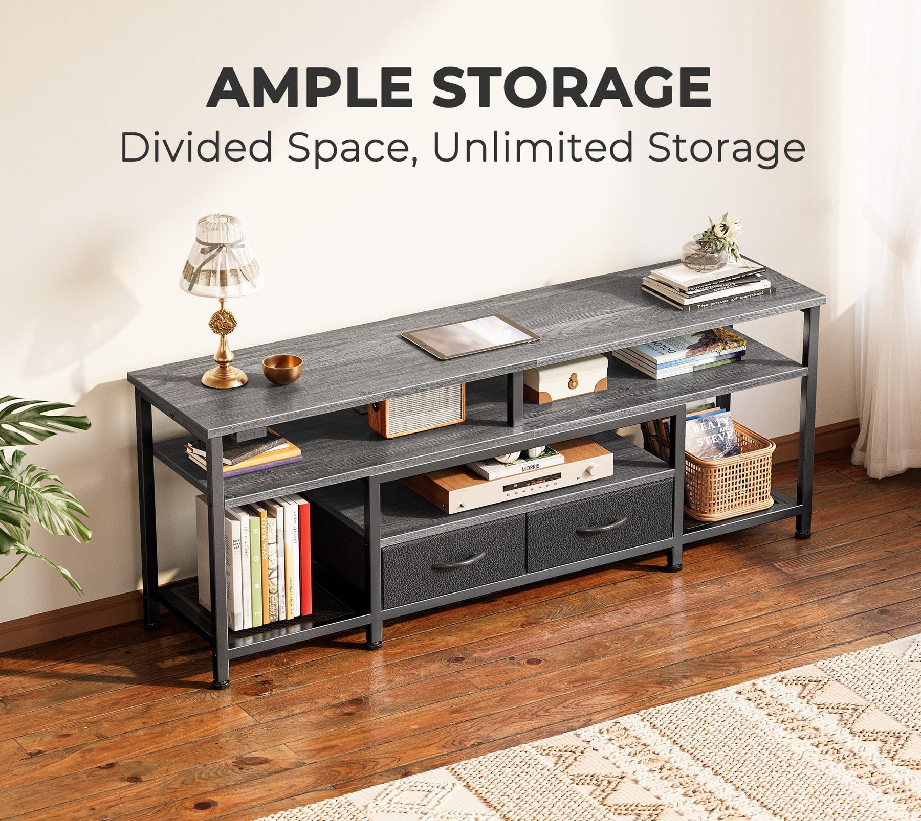 Huuger 63 Inch LED TV Stand for 65 70 Inch TV, Entertainment Center with Open Shelves and Power Outlets, TV Console for Living Room, Media Console with Drawers, Black
