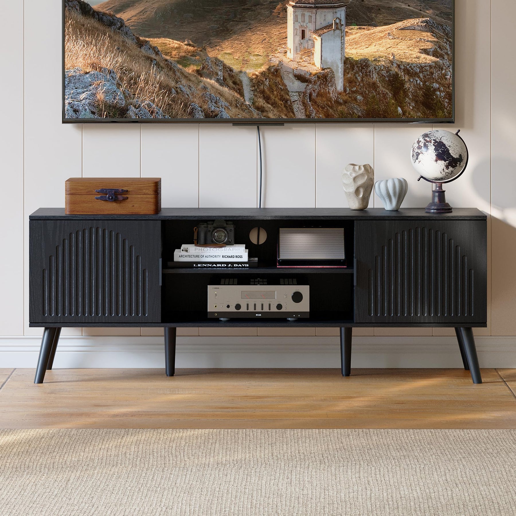 ChooChoo TV Stand with Open Shelves for 65 Inch TVs, Mid Century