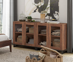 WAMPAT Modern TV Stand with Glass Doors for 80-120 inch TVs, 4 in 1 Entertainment Center Console with 4 Drawers and Metal Base for Living Room, Bedroom, Brown