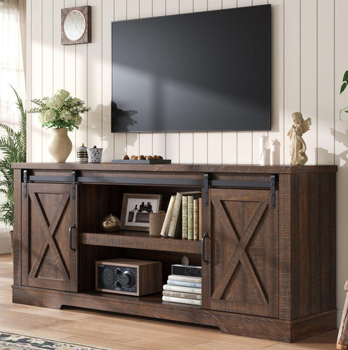 AMERLIFE 66" TV Stand for Living Room, Entertainment Center, Brown
