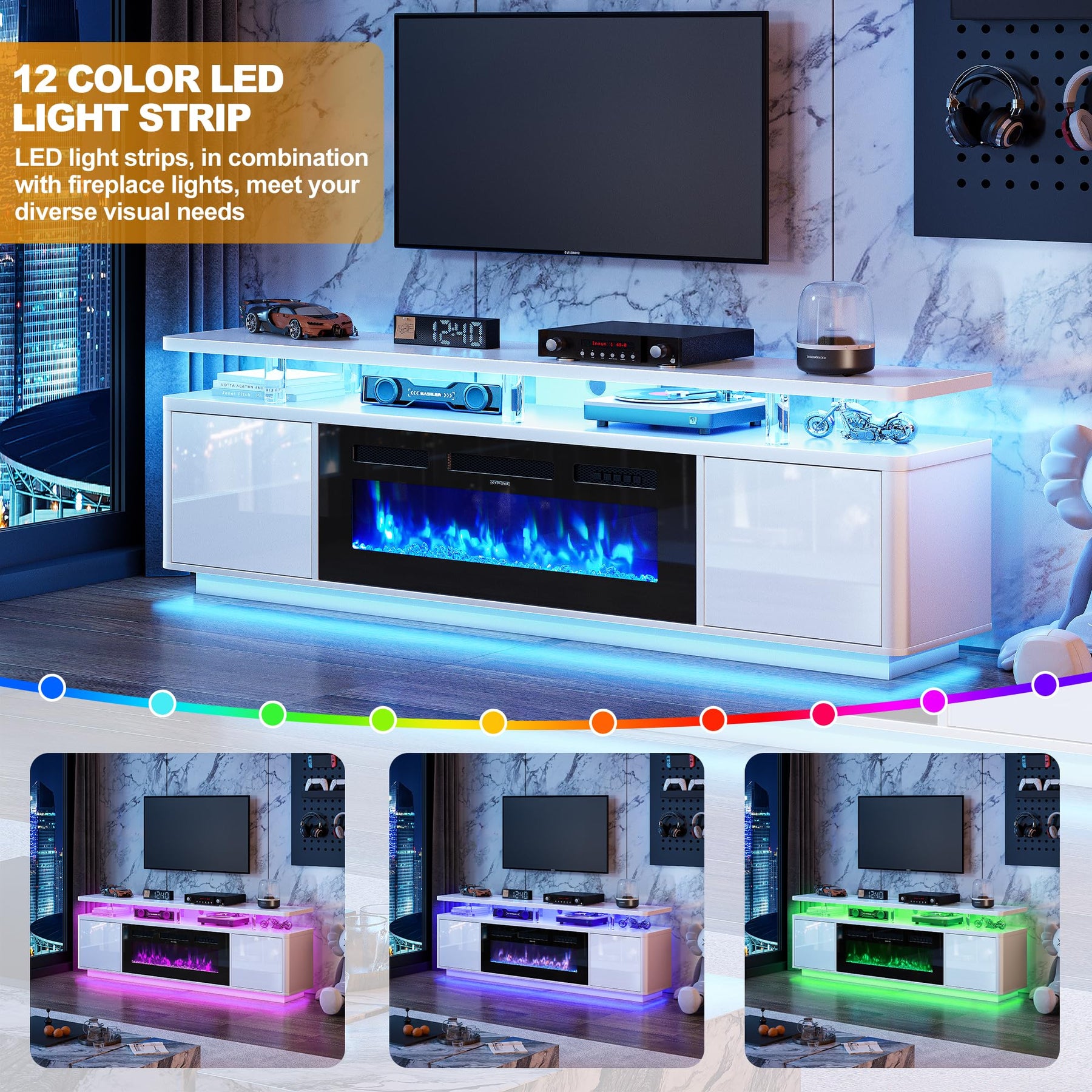 OneBlis 70" Fireplace TV Stand with Double LED Lights for TVs UP to 80", Electric Fireplace Entertainment Center with Storage Cabinets, TV Console for Living Room, Office, Black1